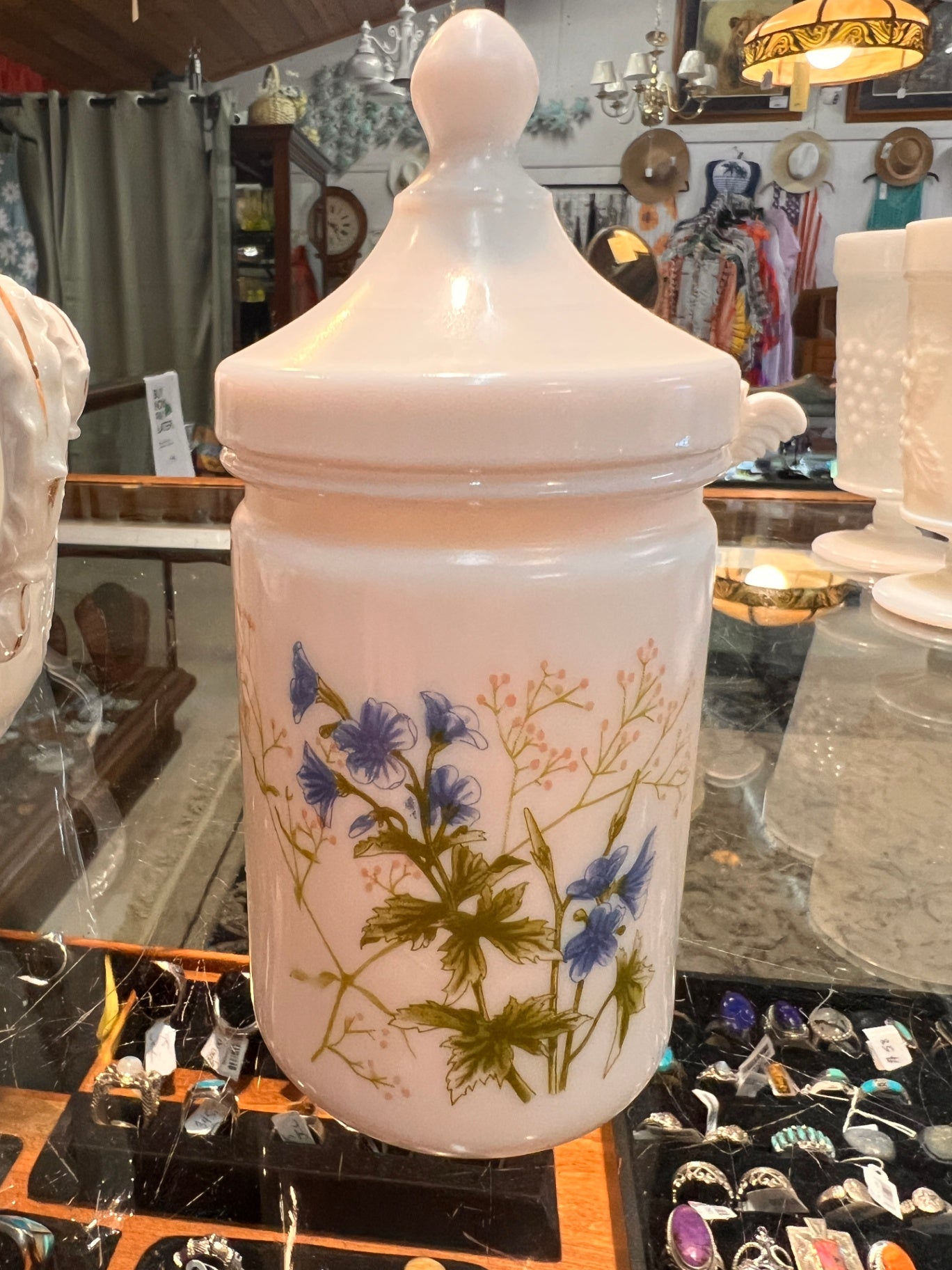 Antique French Opaline Glass Apothecary Jar – Hand Painted Floral, c.1900