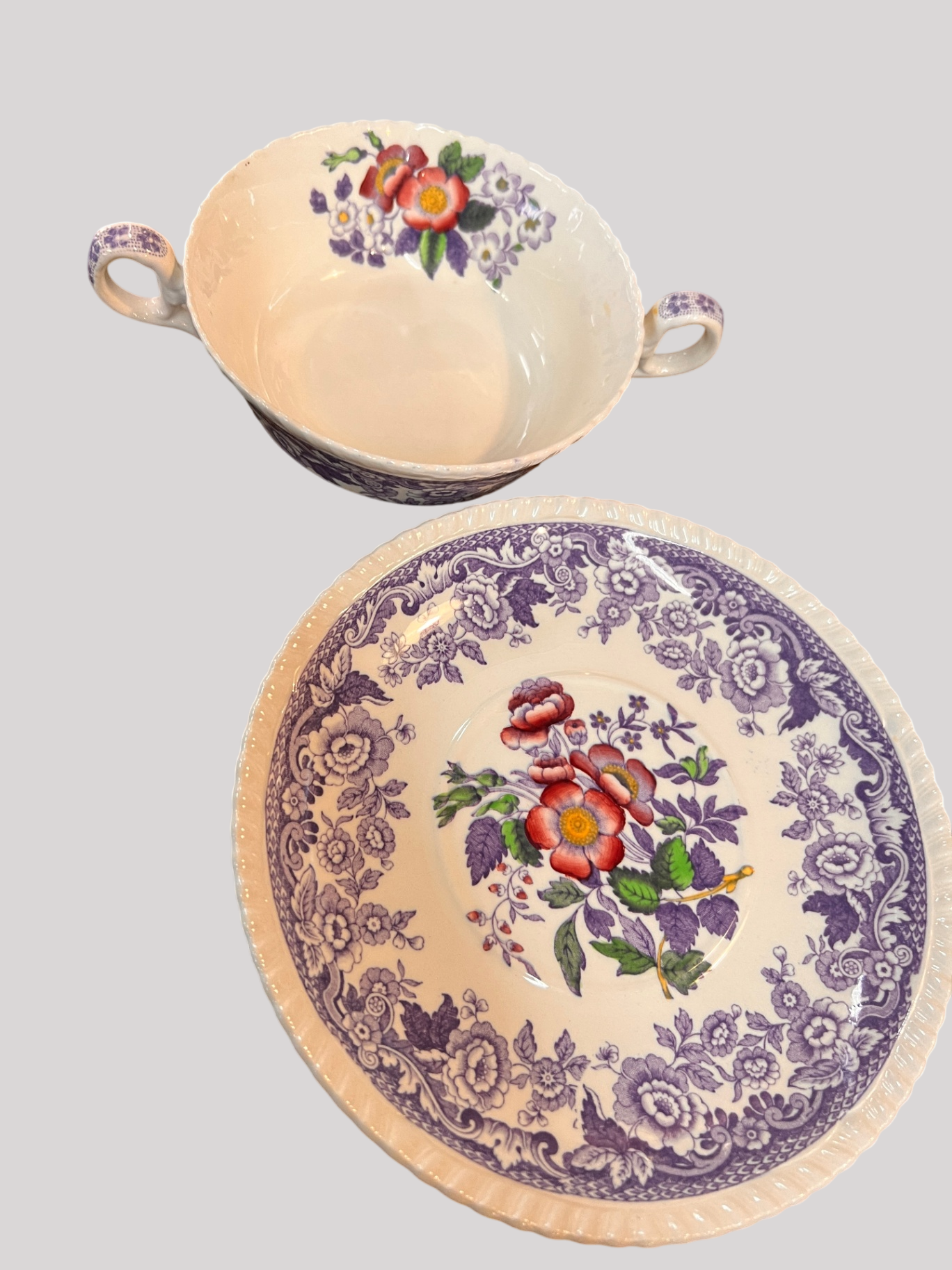 Spode Copeland “Mayflower” Cream Soup Cup & Saucer – Purple Transfer with Hand Enamel