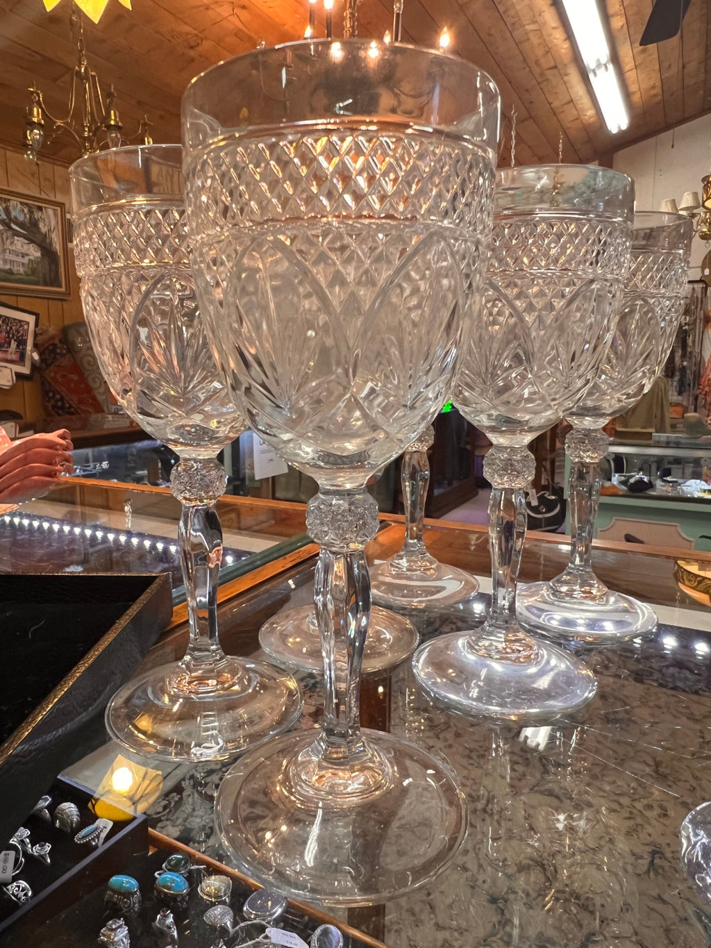 Set of 6 Large Cut Crystal Goblets – Diamond & Fan Pattern