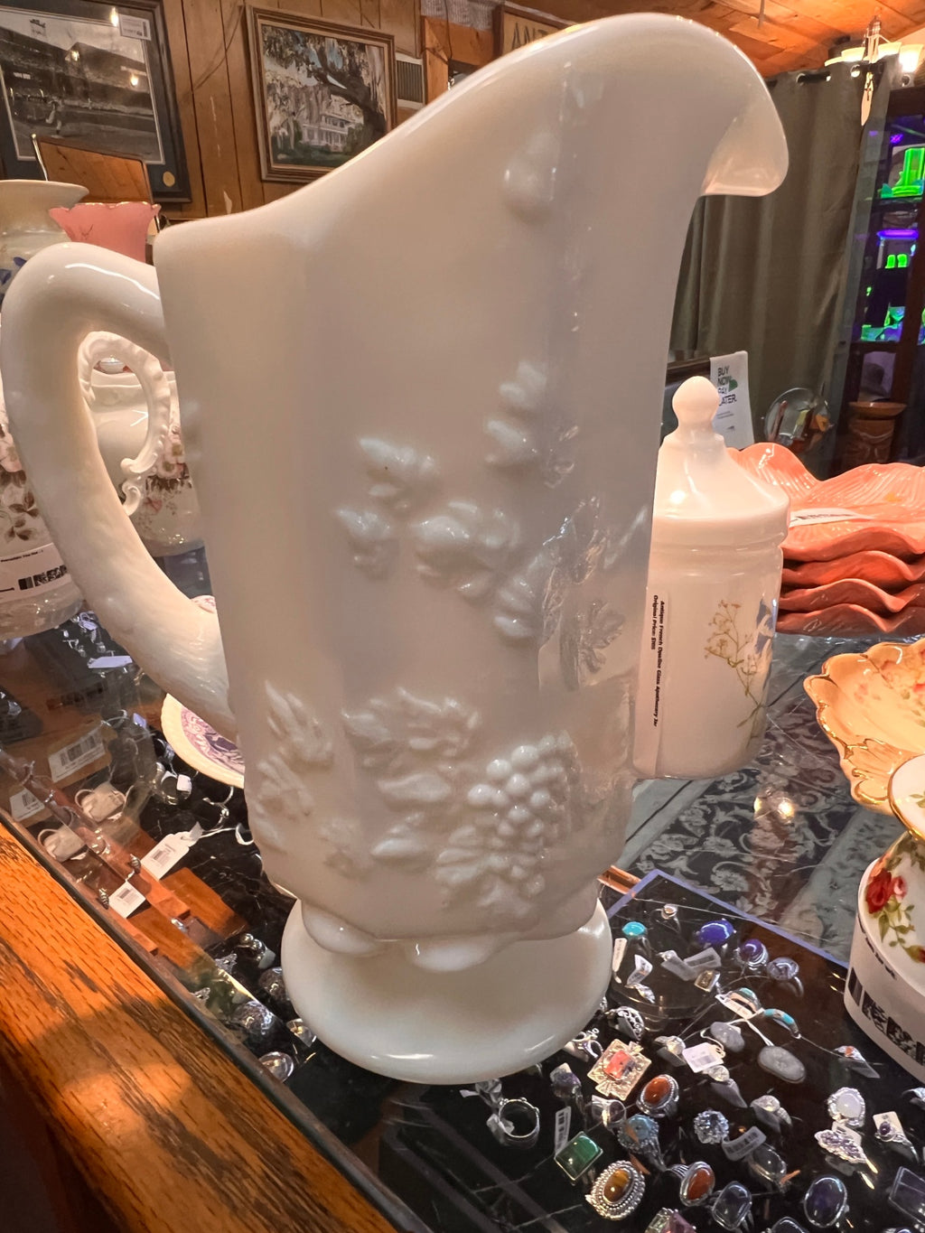 Vintage Milk Glass Pitcher – Harvest Grape Pattern