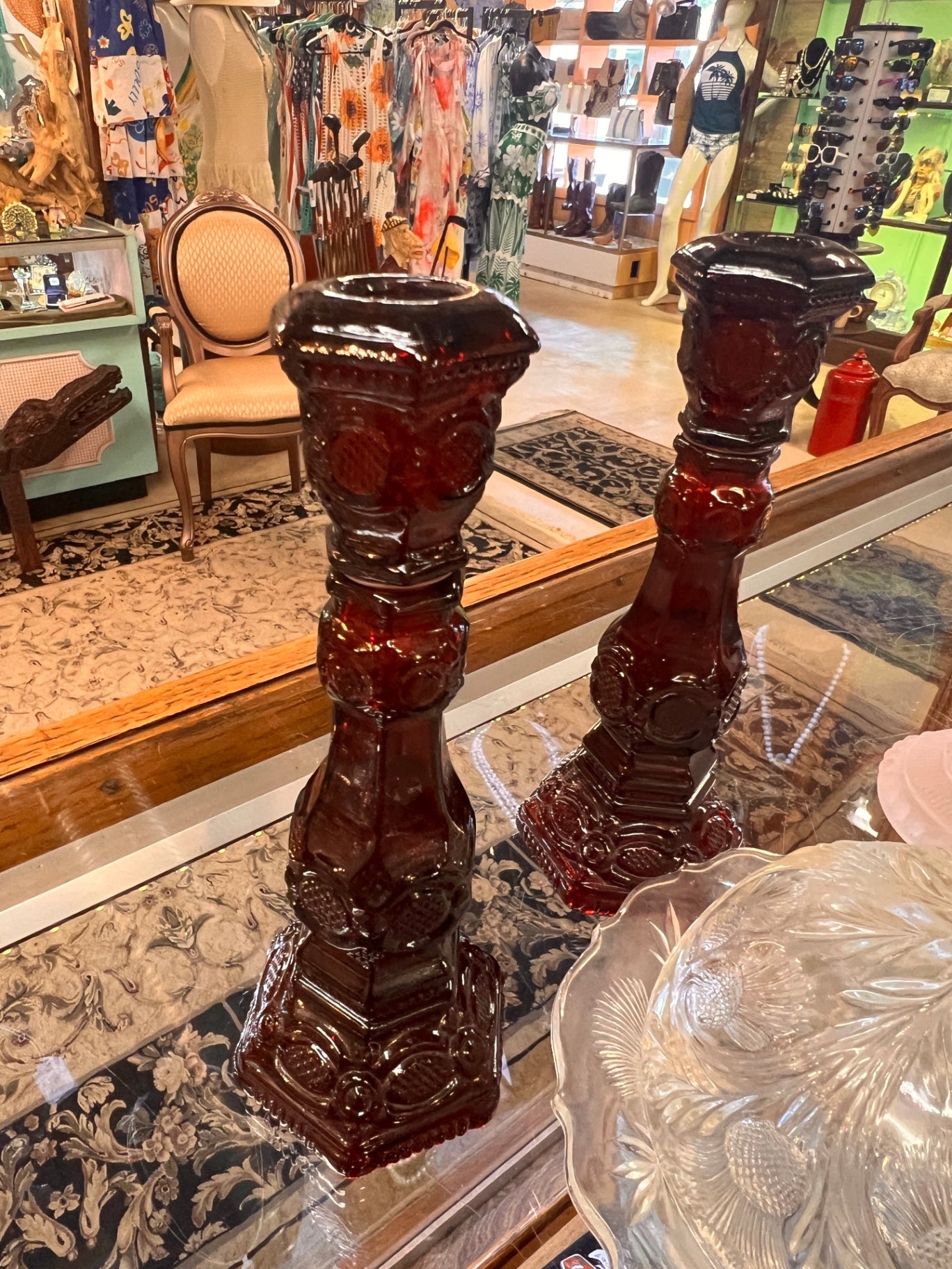 Pair of Vintage Ruby Red Glass Candlesticks – Moon & Stars Pattern