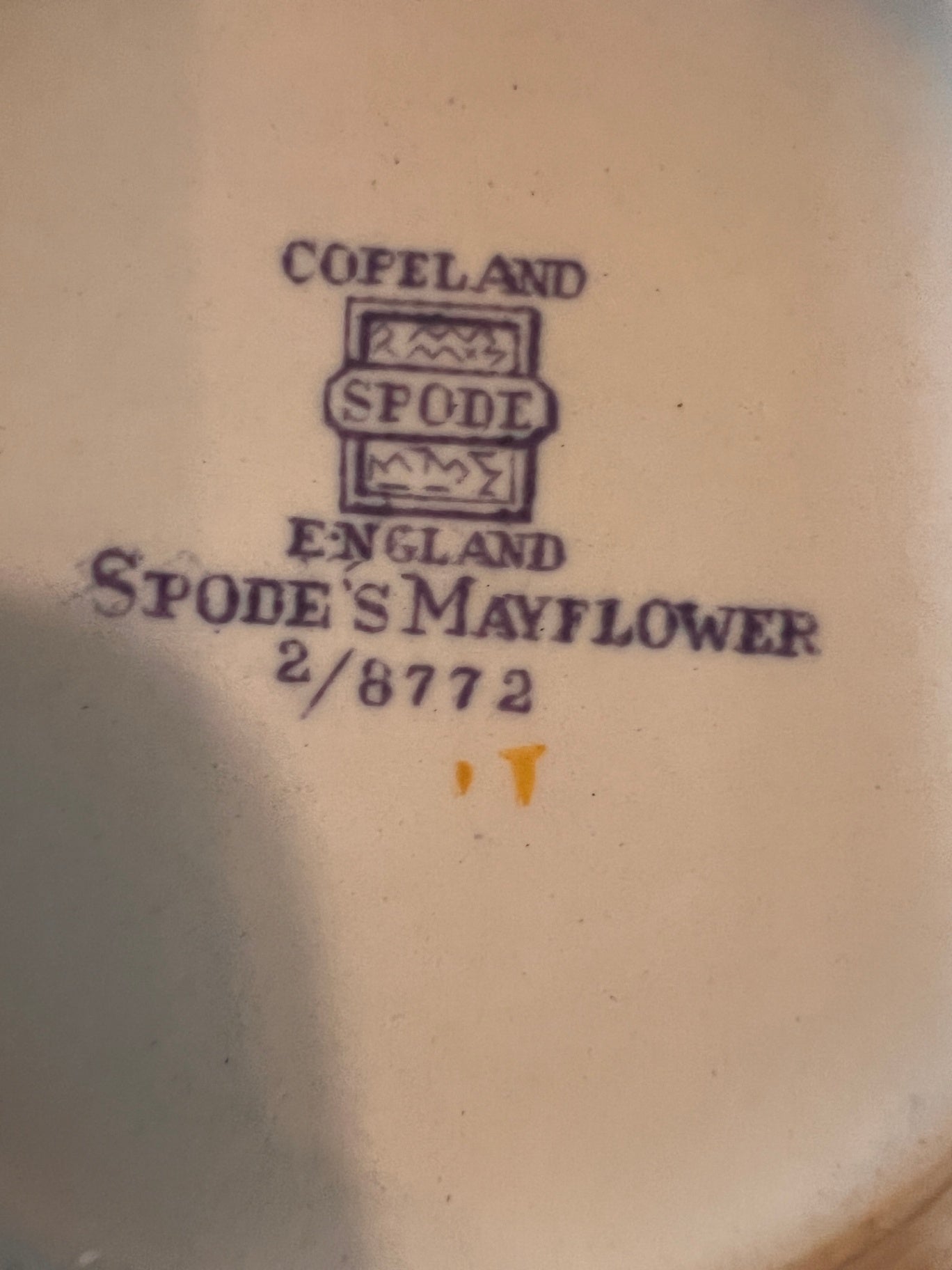 Spode Copeland “Mayflower” Cream Soup Cup & Saucer – Purple Transfer with Hand Enamel