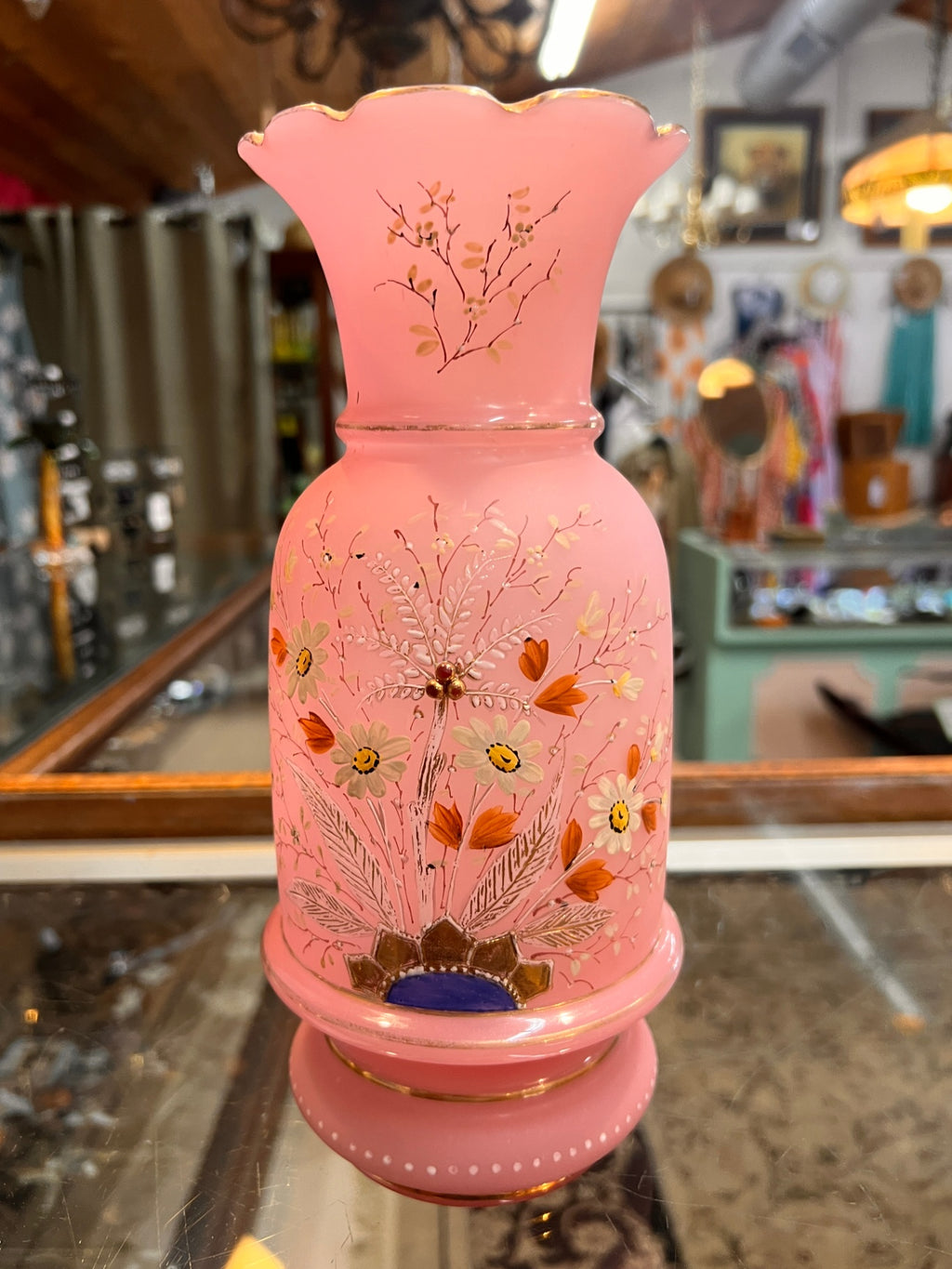 Antique Pink Bristol Glass Vase – Hand Painted Enamel Floral with Gilt Trim
