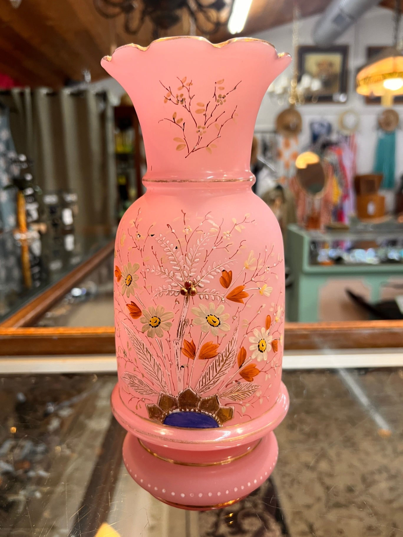 Antique Pink Bristol Glass Vase – Hand Painted Enamel Floral with Gilt Trim