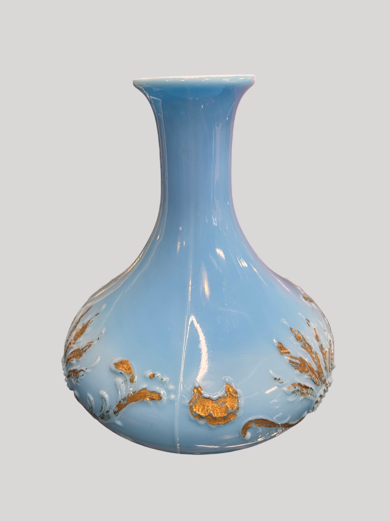 Antique Blue Satin Pressed Glass Vase with Raised Gold Enamel Decoration