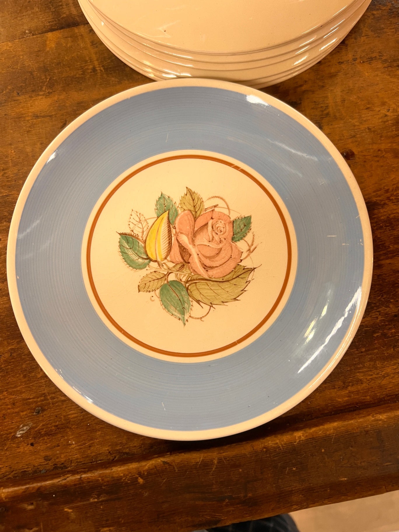 Susie Cooper Production Plates – Blue Border Rose Design – Crown Works Burslem, England