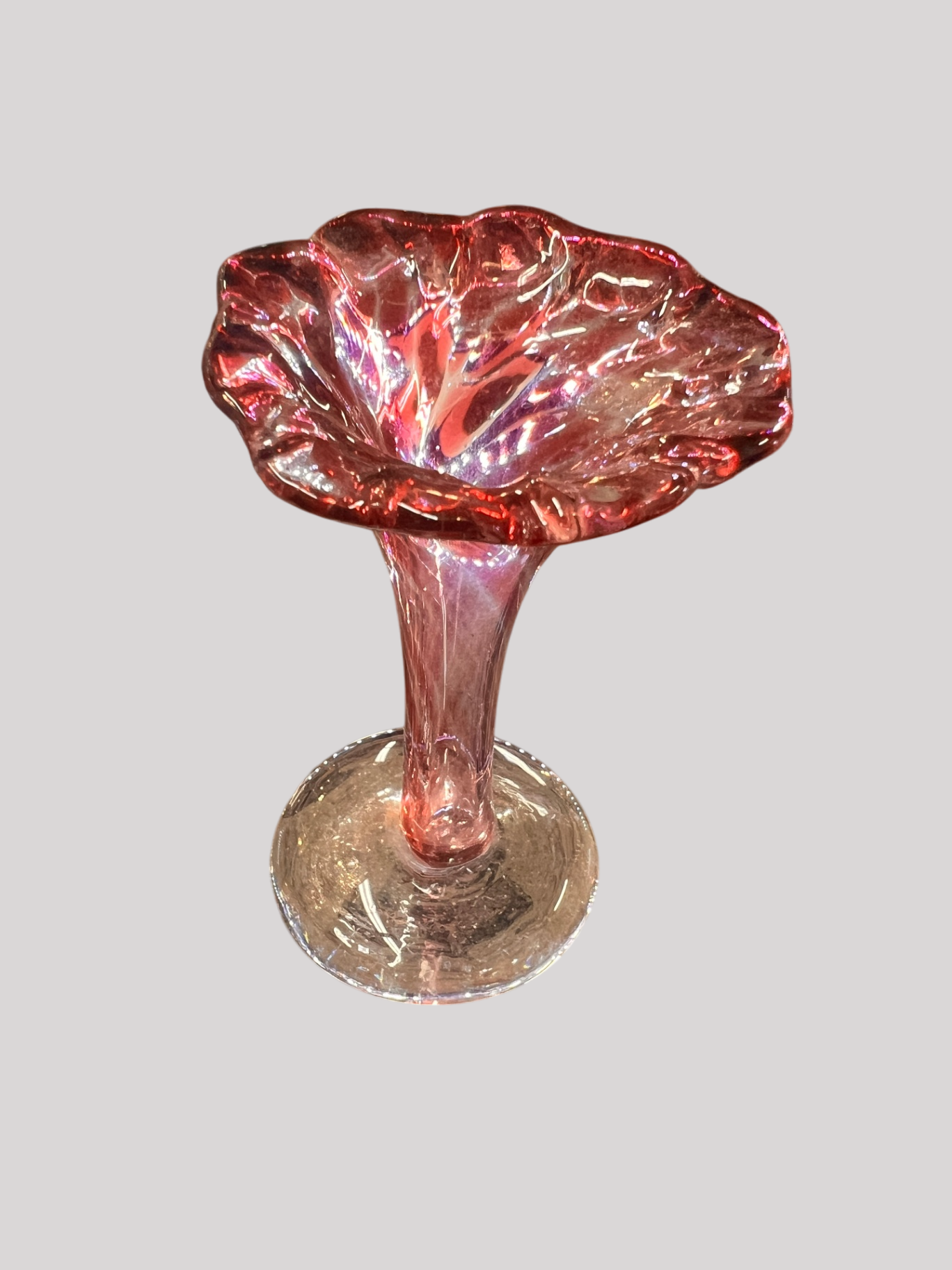 Vintage Hand-Blown Cranberry Glass Bud Vase with Ruffled Rim
