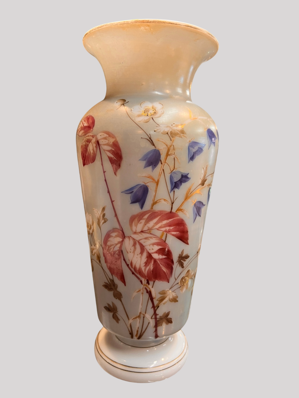 White Bristol Glass Vase – Hand Painted Floral, 19th c.