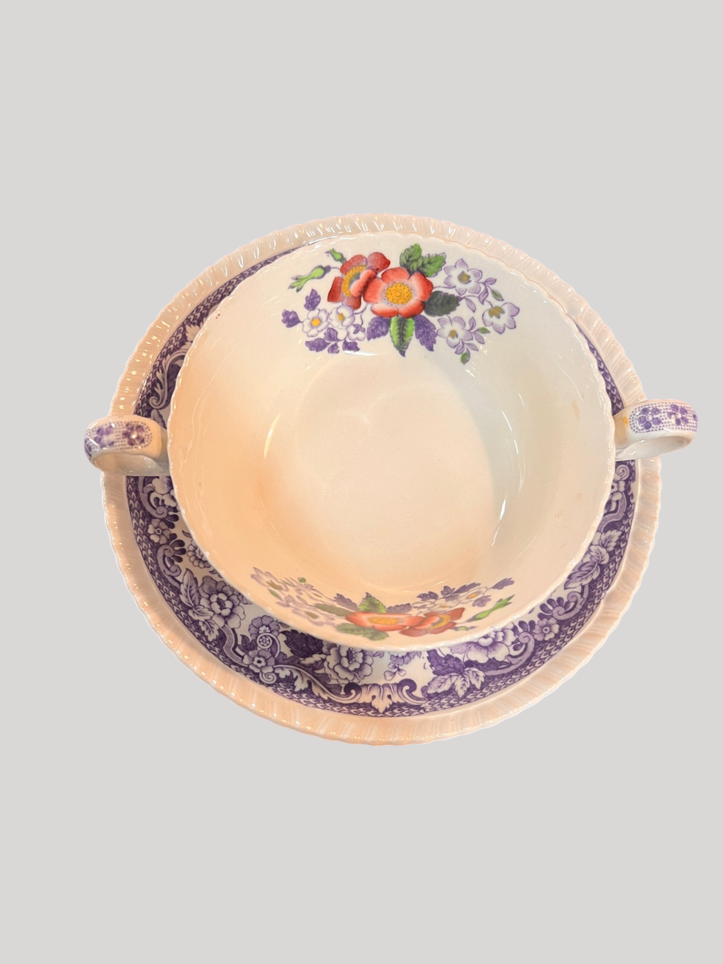 Spode Copeland “Mayflower” Cream Soup Cup & Saucer – Purple Transfer with Hand Enamel
