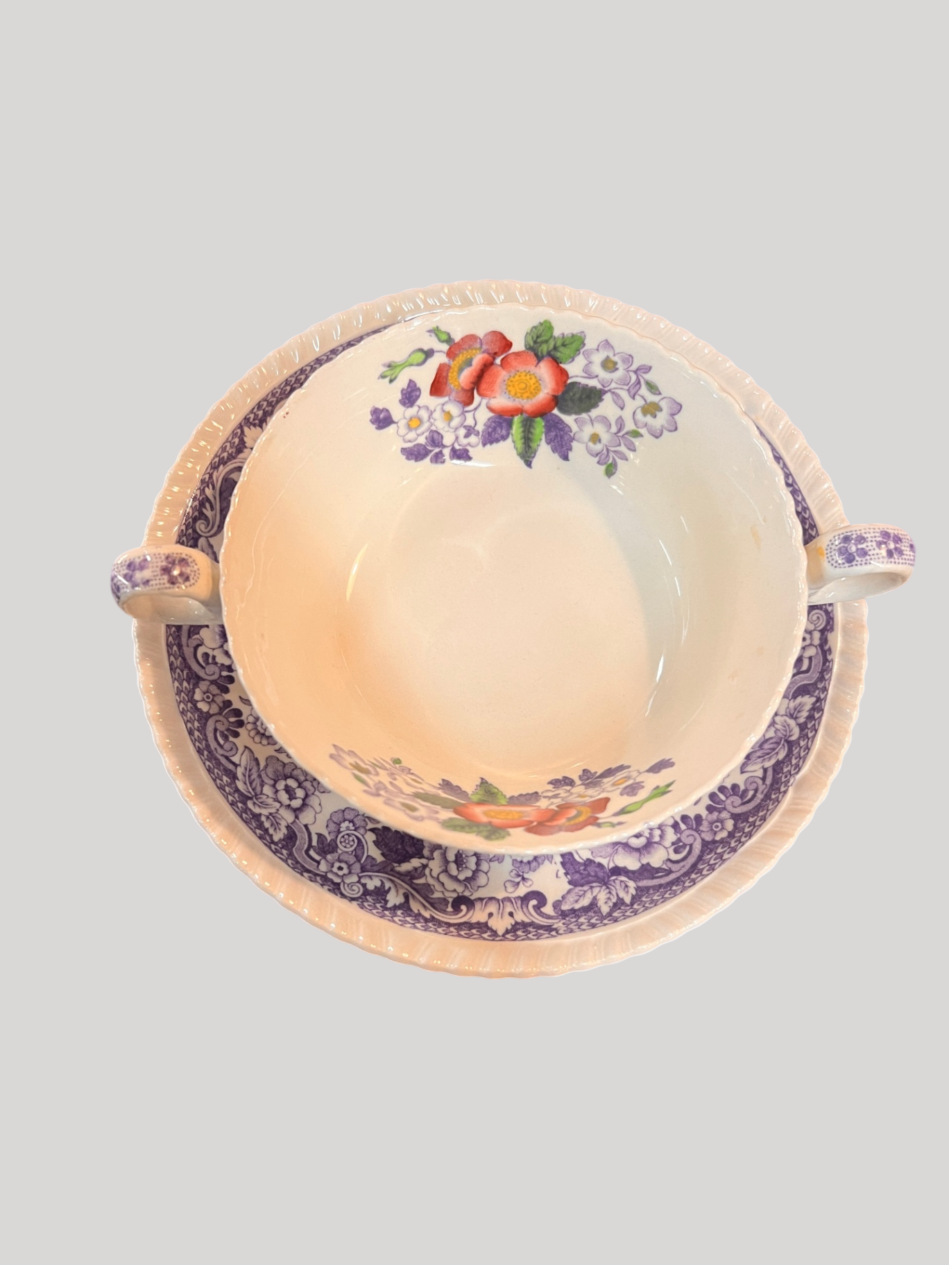 Spode Copeland “Mayflower” Cream Soup Cup & Saucer – Purple Transfer with Hand Enamel