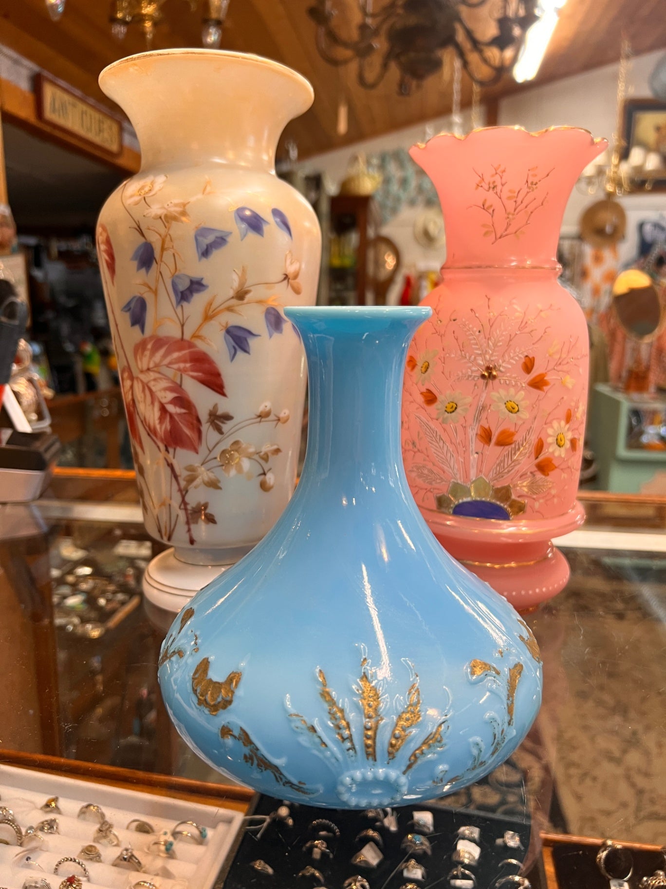 Antique Blue Satin Pressed Glass Vase with Raised Gold Enamel Decoration