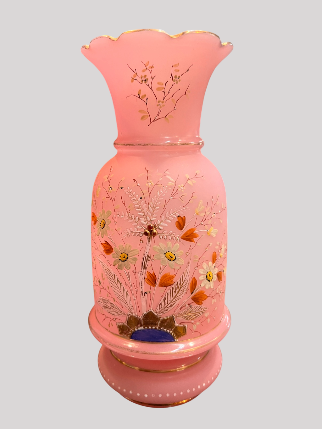 Antique Pink Bristol Glass Vase – Hand Painted Enamel Floral with Gilt Trim