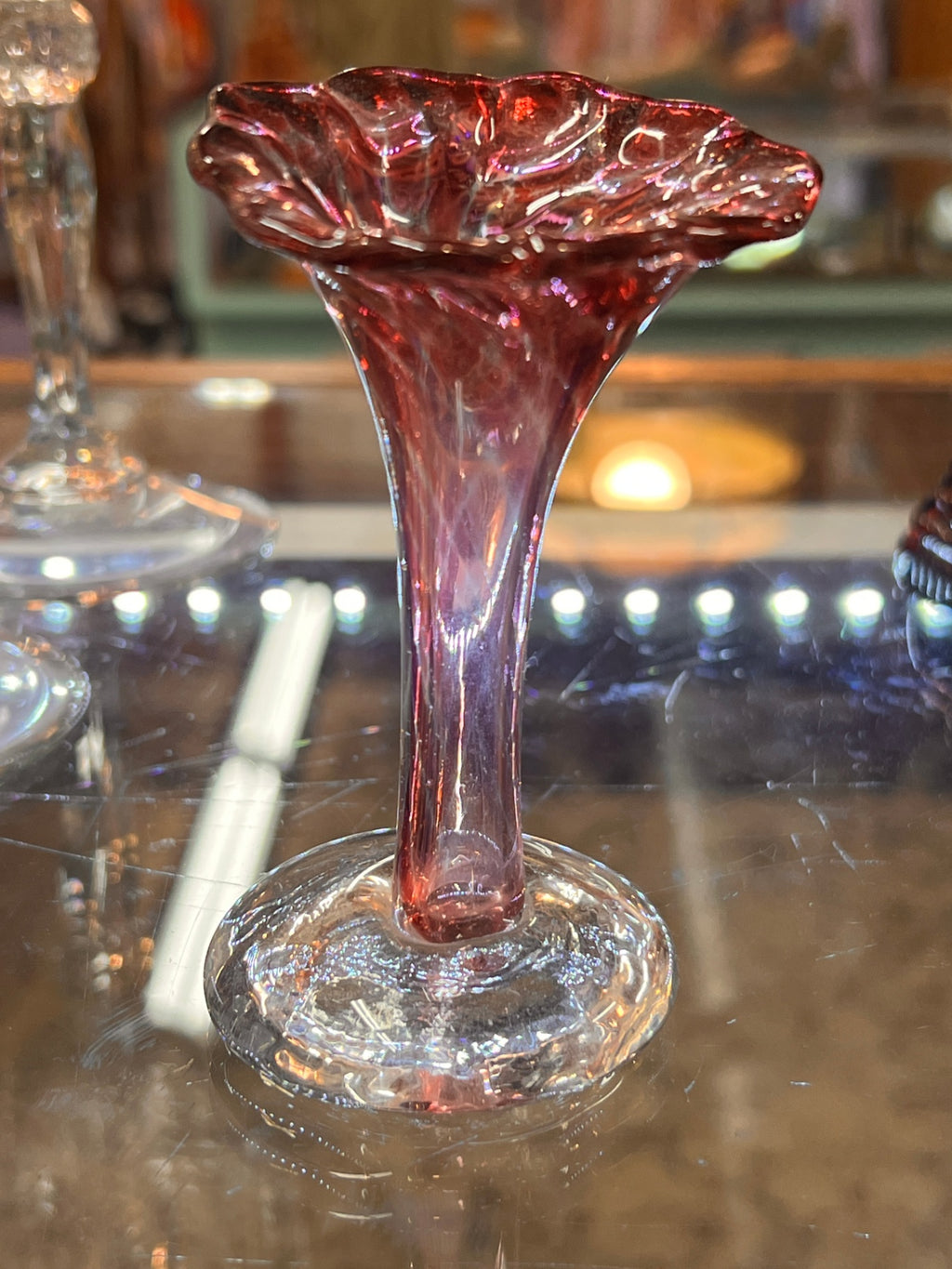 Vintage Hand-Blown Cranberry Glass Bud Vase with Ruffled Rim