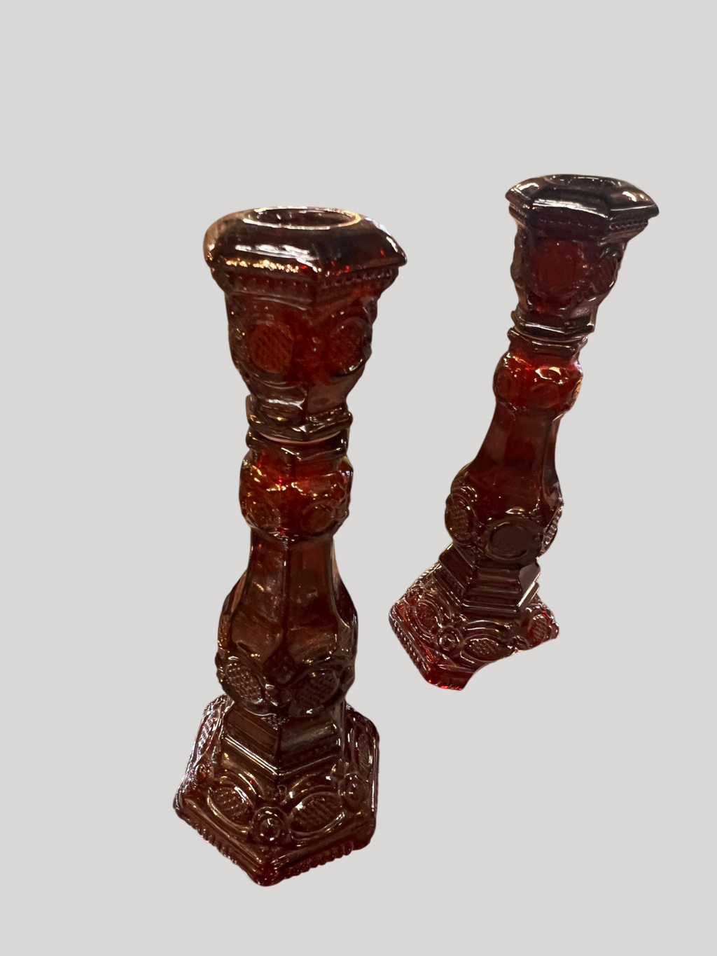 Pair of Vintage Ruby Red Glass Candlesticks – Moon & Stars Pattern