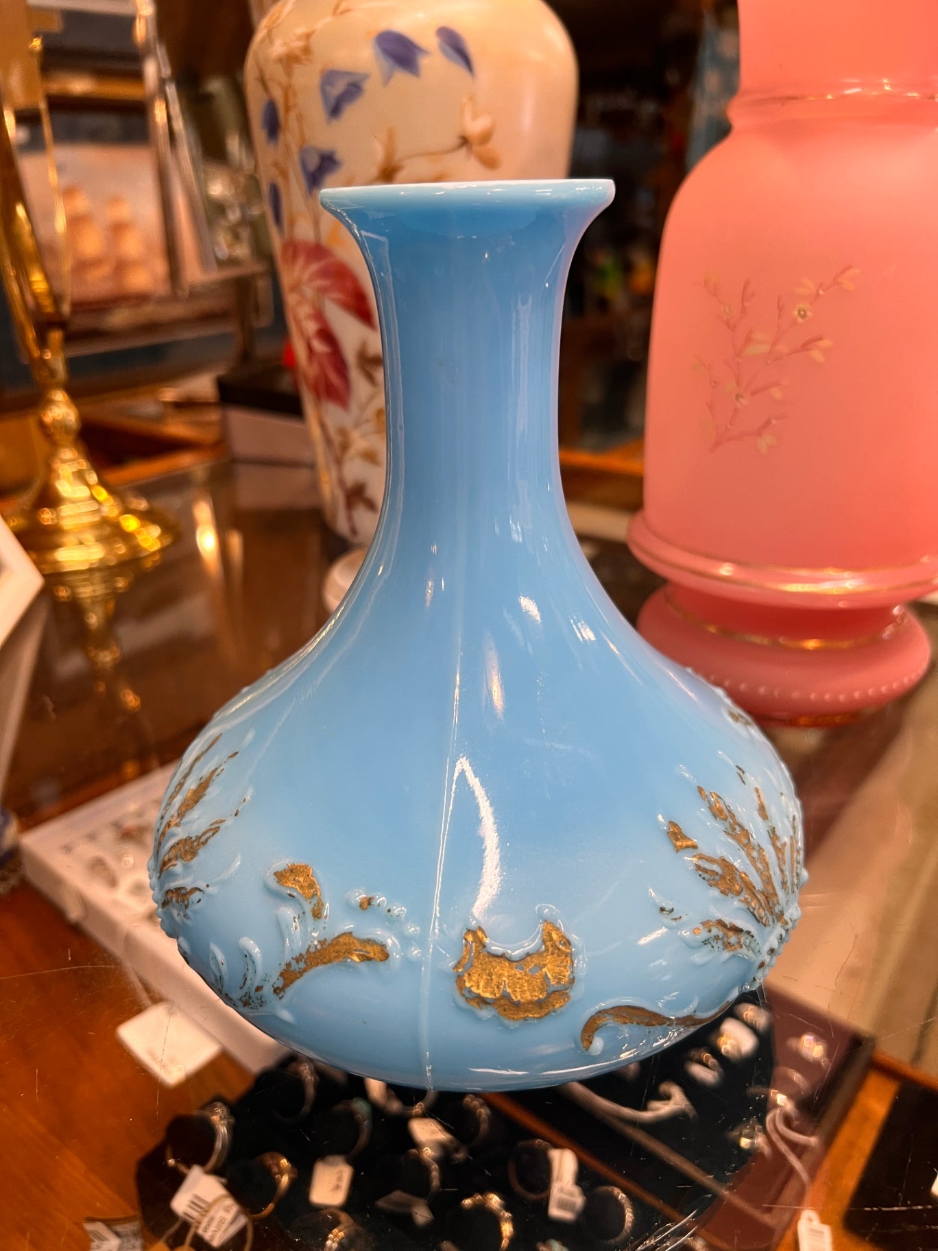 Antique Blue Satin Pressed Glass Vase with Raised Gold Enamel Decoration
