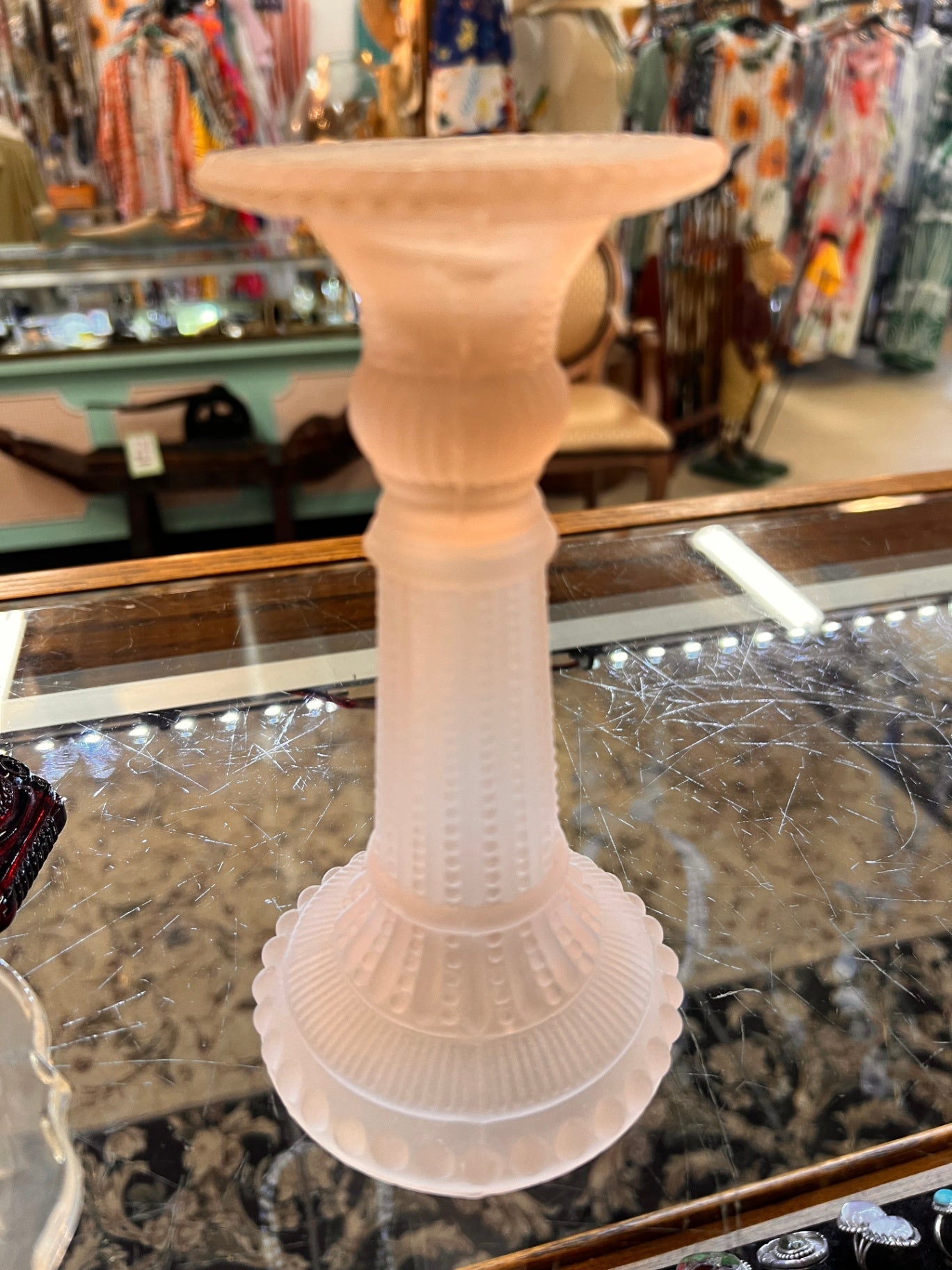 Vintage Pink Frosted Glass Candlestick