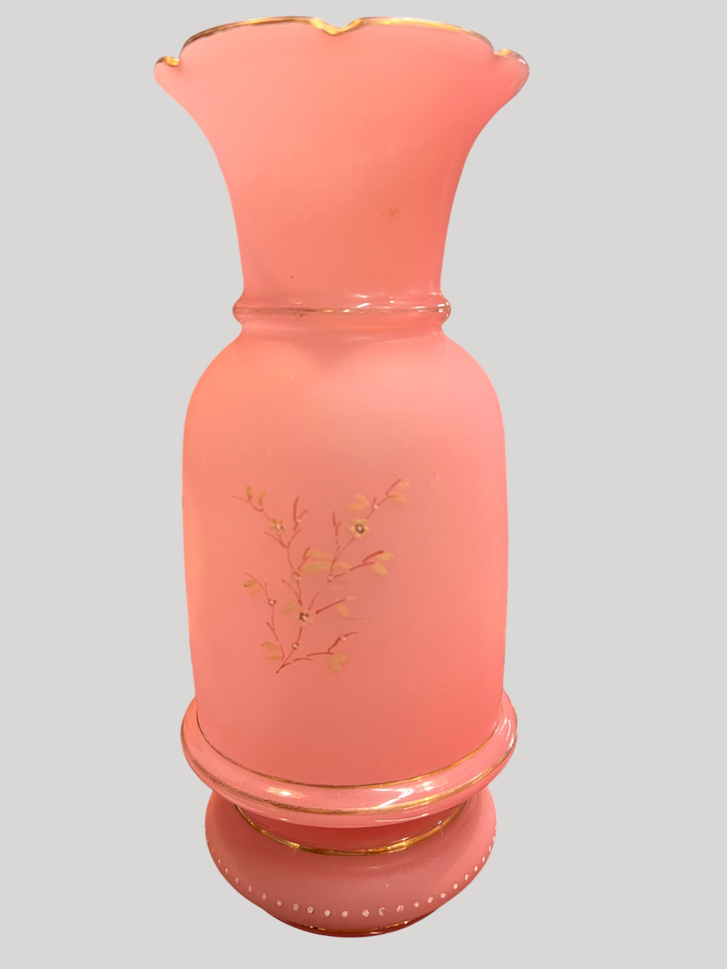 Antique Pink Bristol Glass Vase – Hand Painted Enamel Floral with Gilt Trim