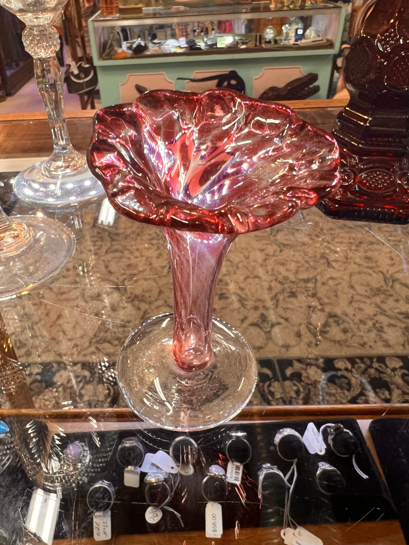 Vintage Hand-Blown Cranberry Glass Bud Vase with Ruffled Rim