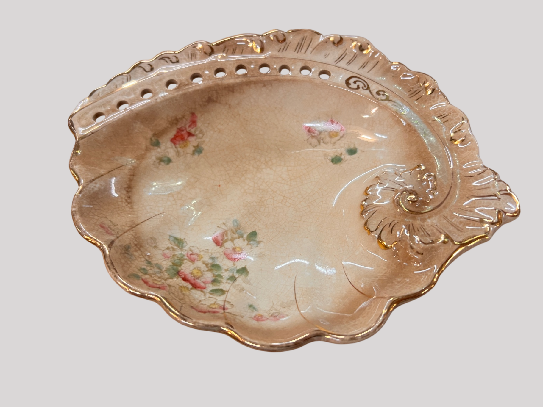 Beige with floral accents and gold trim Glass Decorative Bowl
