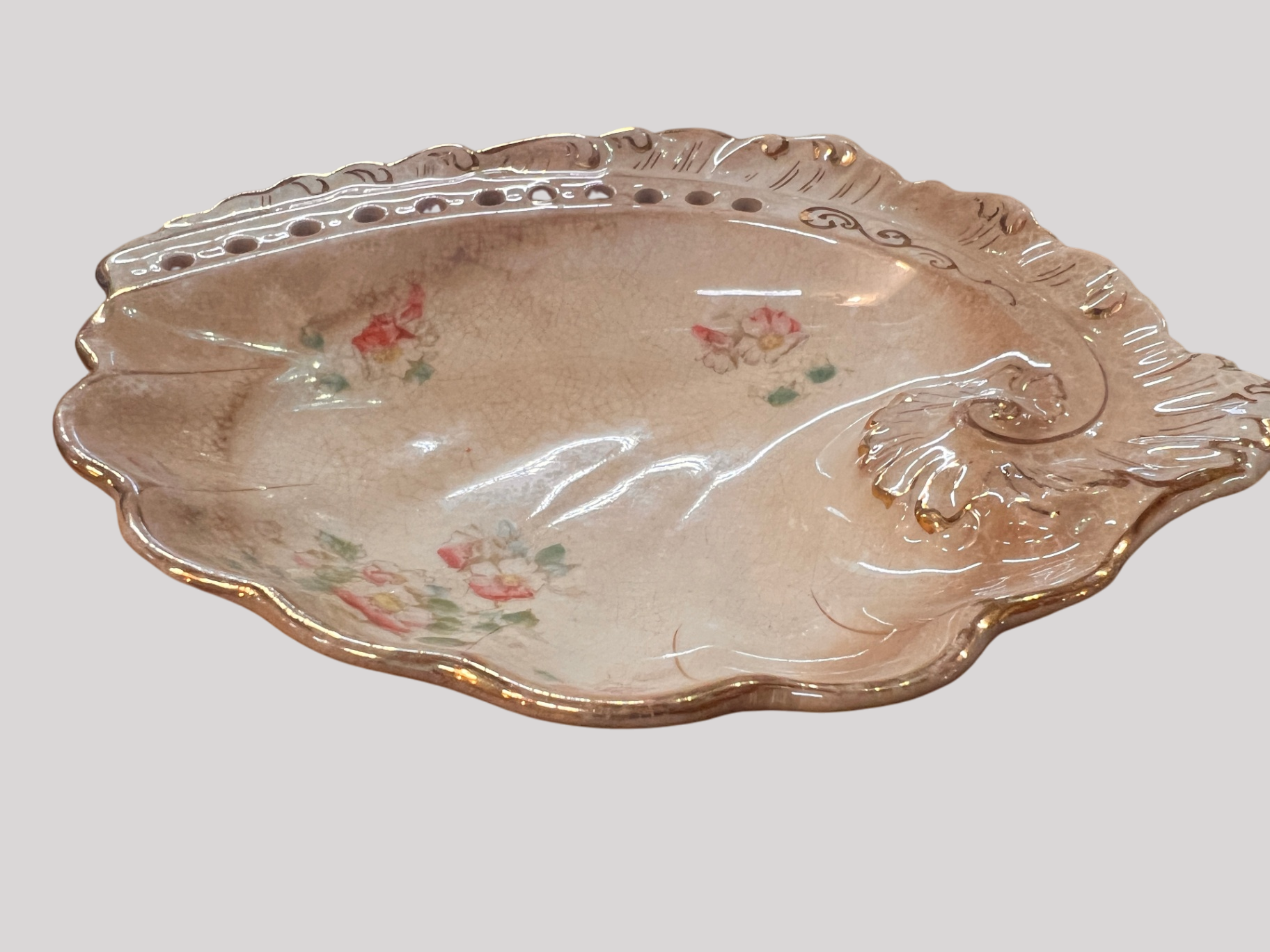 Beige with floral accents and gold trim Glass Decorative Bowl