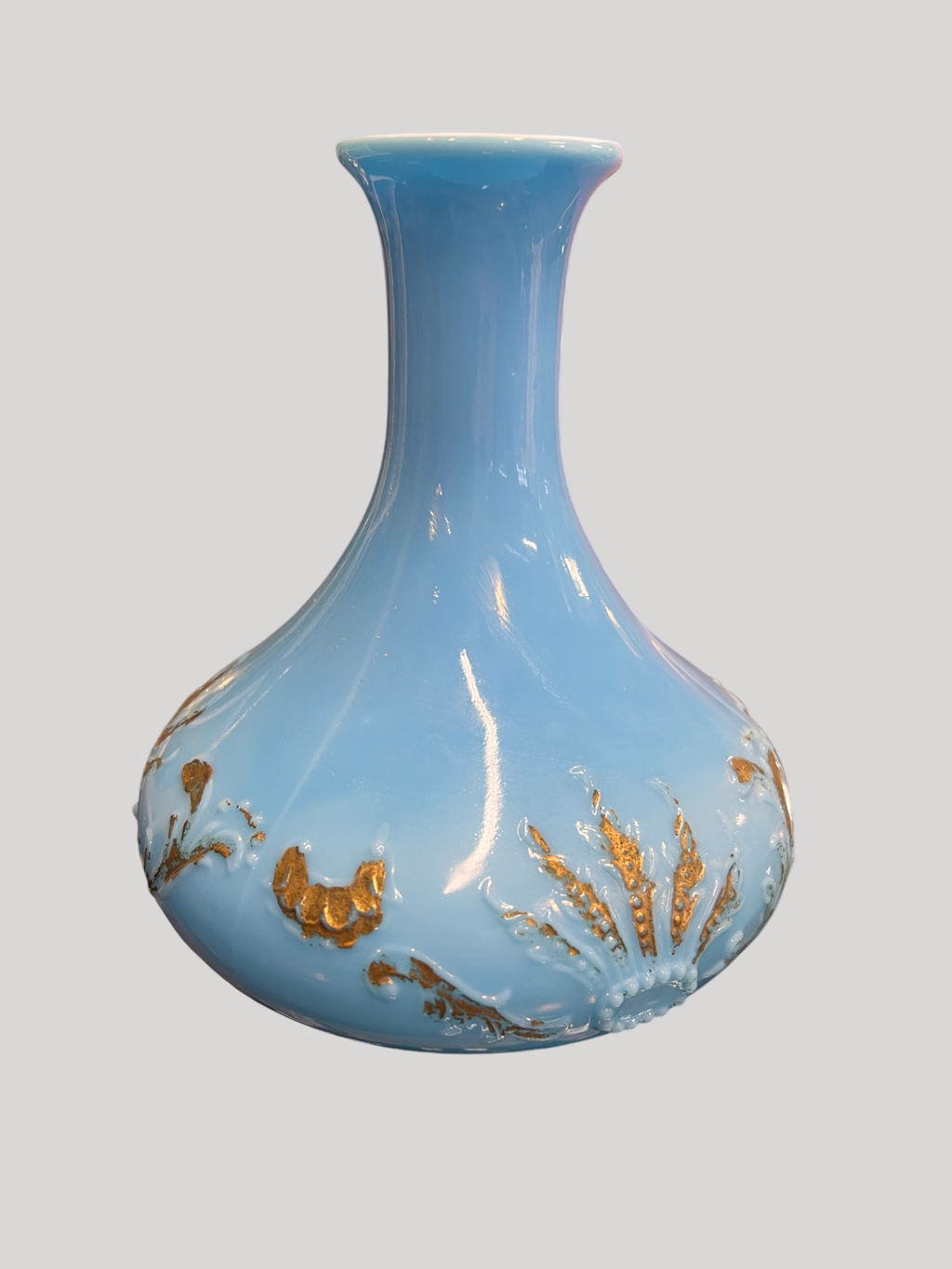 Antique Blue Satin Pressed Glass Vase with Raised Gold Enamel Decoration