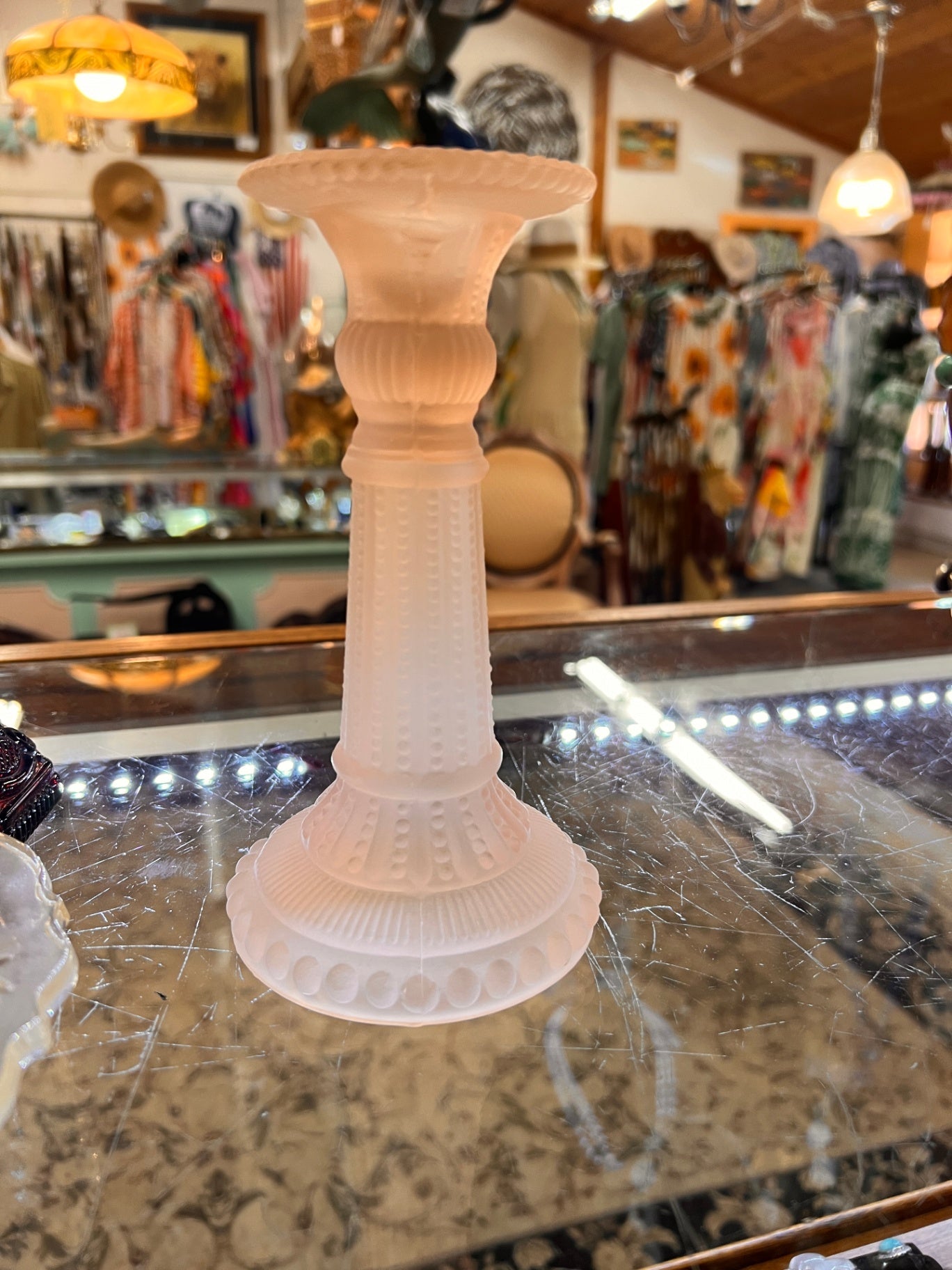 Vintage Pink Frosted Glass Candlestick