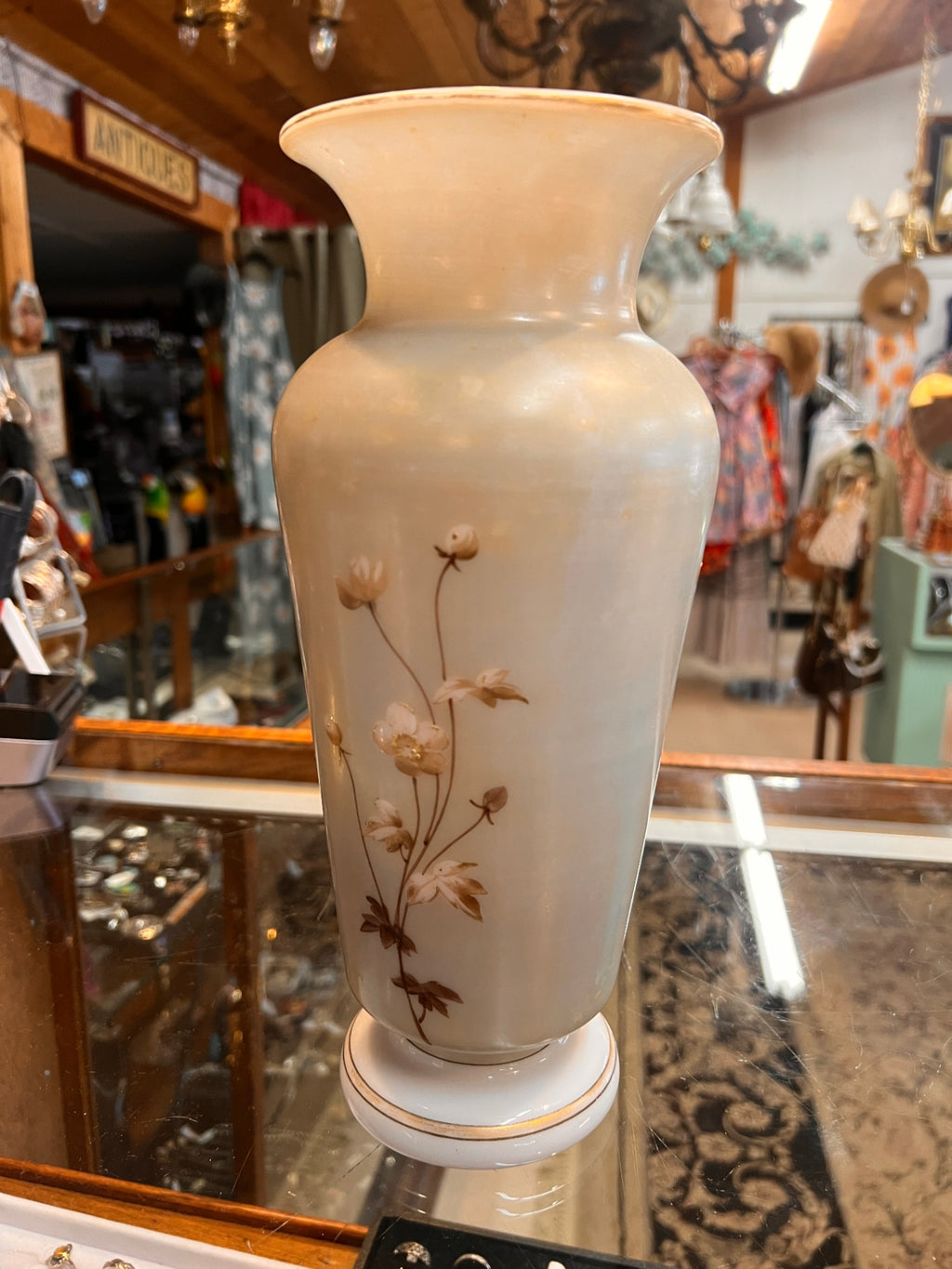White Bristol Glass Vase – Hand Painted Floral, 19th c.