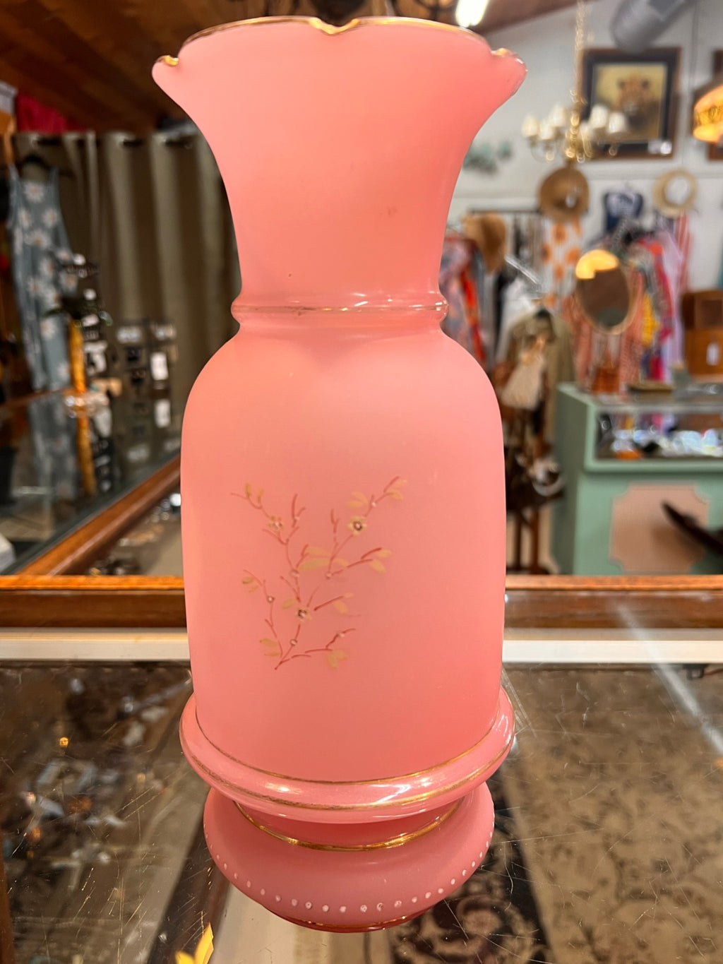 Antique Pink Bristol Glass Vase – Hand Painted Enamel Floral with Gilt Trim