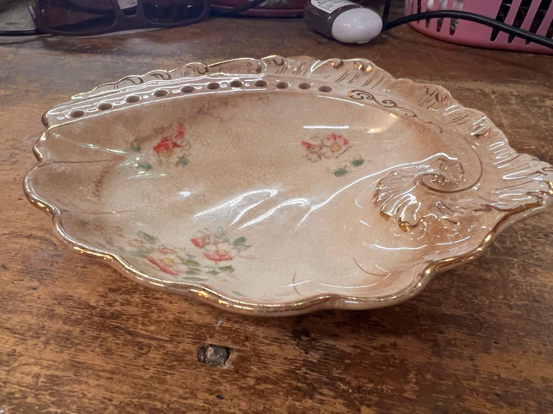 Beige with floral accents and gold trim Glass Decorative Bowl