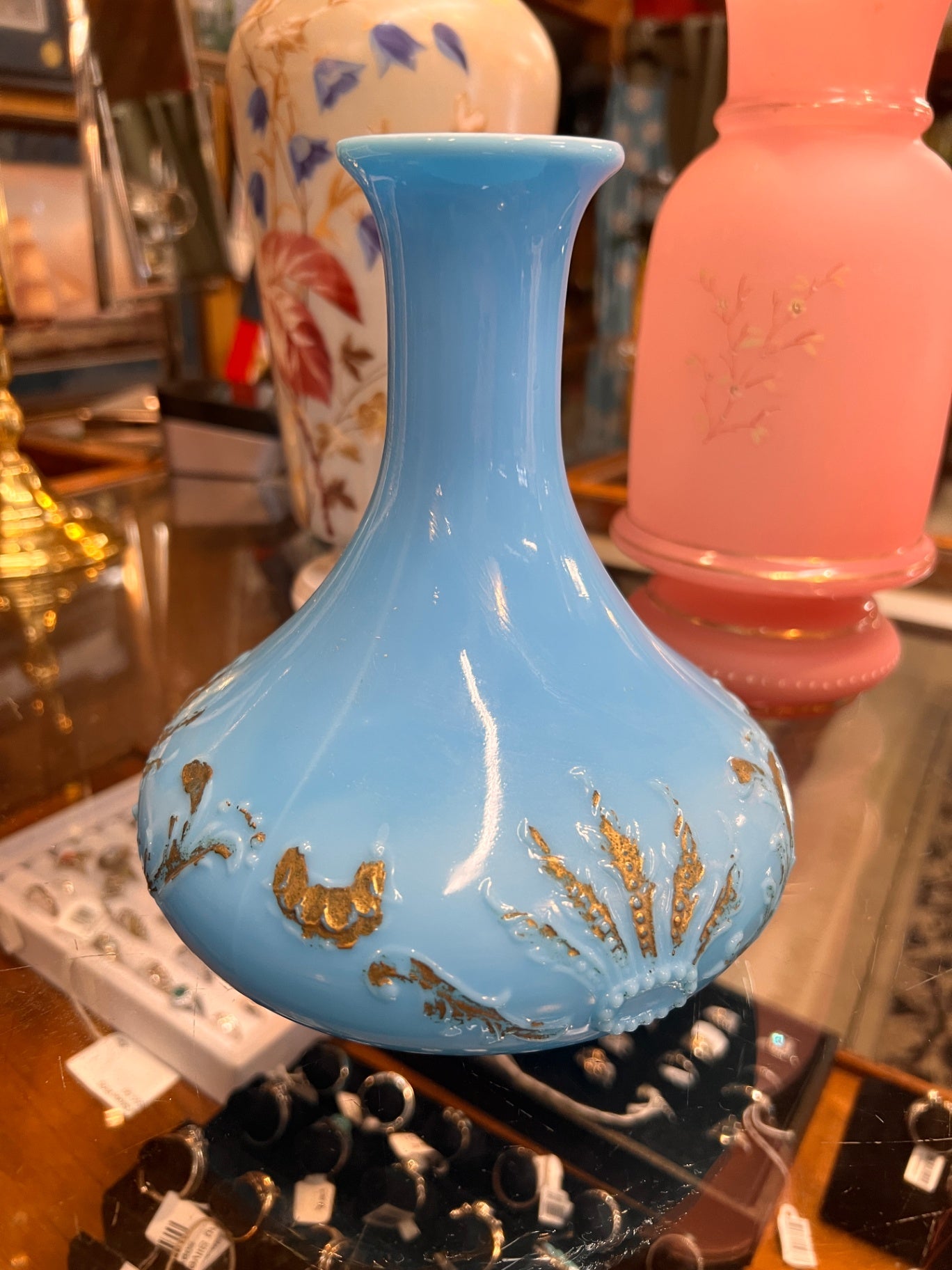 Antique Blue Satin Pressed Glass Vase with Raised Gold Enamel Decoration
