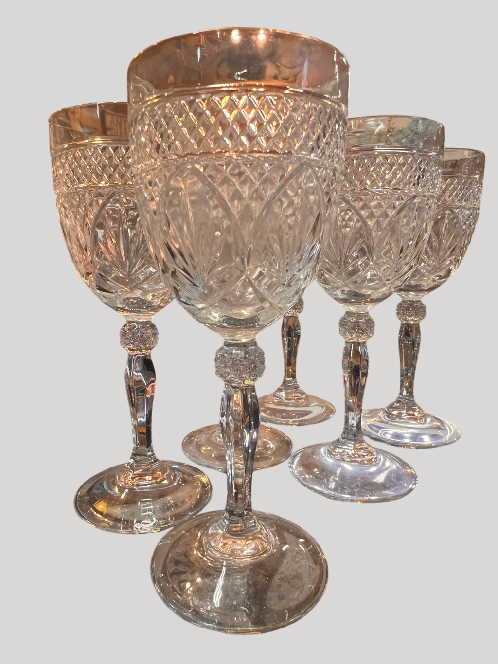 Set of 6 Large Cut Crystal Goblets – Diamond & Fan Pattern