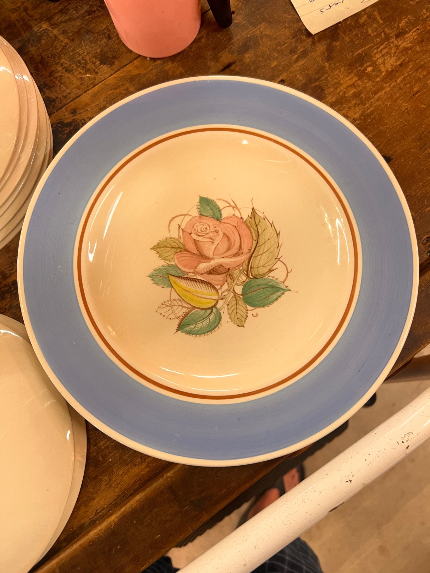 Susie Cooper Production Plates – Blue Border Rose Design – Crown Works Burslem, England