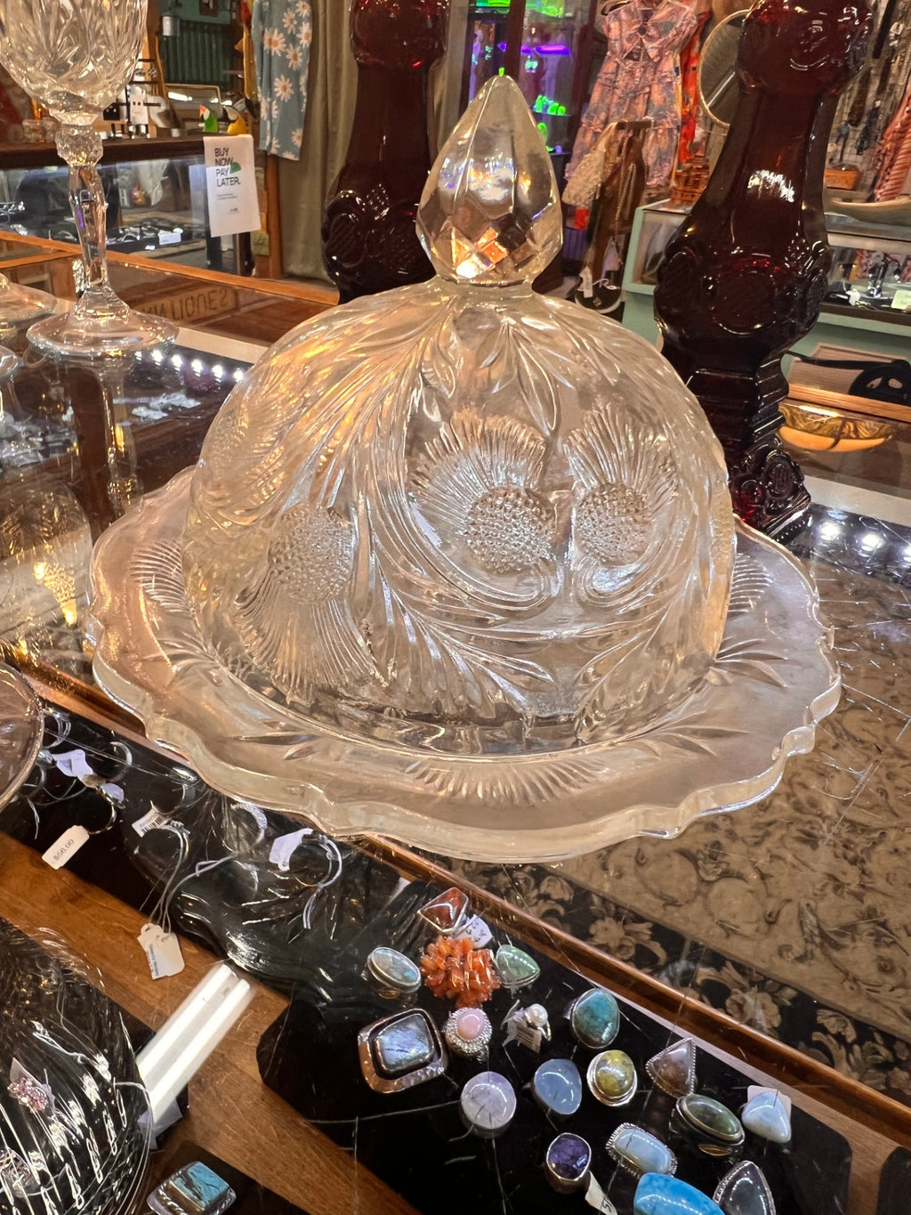 Antique Pressed Glass Dome with Thistle Pattern – Cheese / Butter Dish