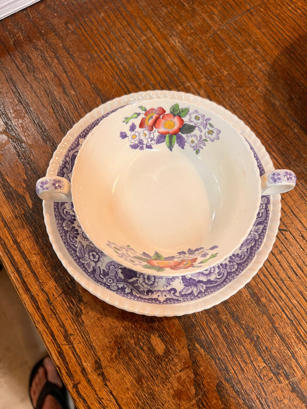 Spode Copeland “Mayflower” Cream Soup Cup & Saucer – Purple Transfer with Hand Enamel