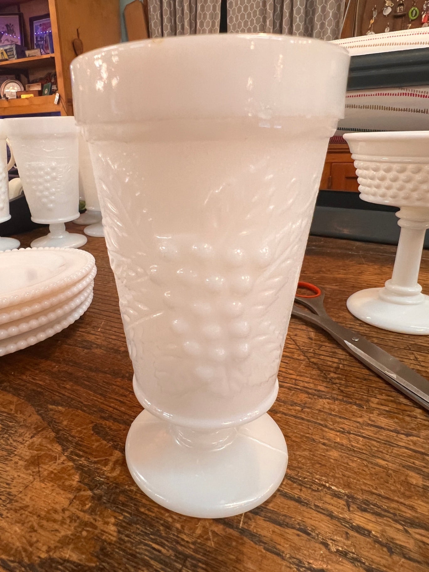Vintage Milk Glass Goblet Vase – Grape & Vine Pattern