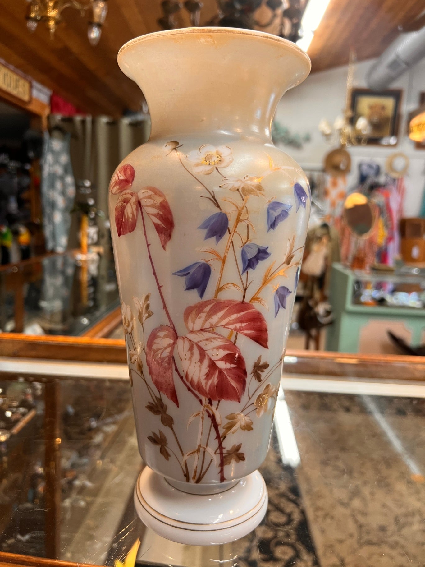 White Bristol Glass Vase – Hand Painted Floral, 19th c.