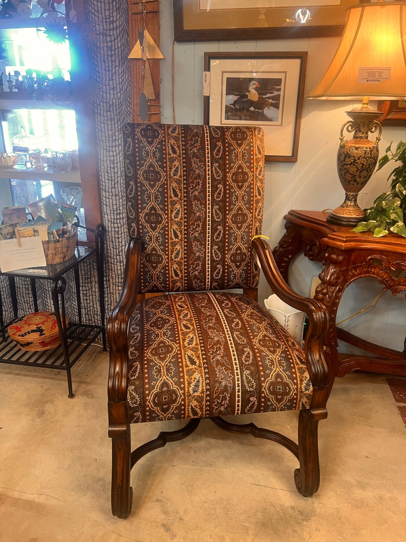 Ralph Lauren for Henredon Armchair – Carved Wood Frame, Southwestern Textile Upholstery