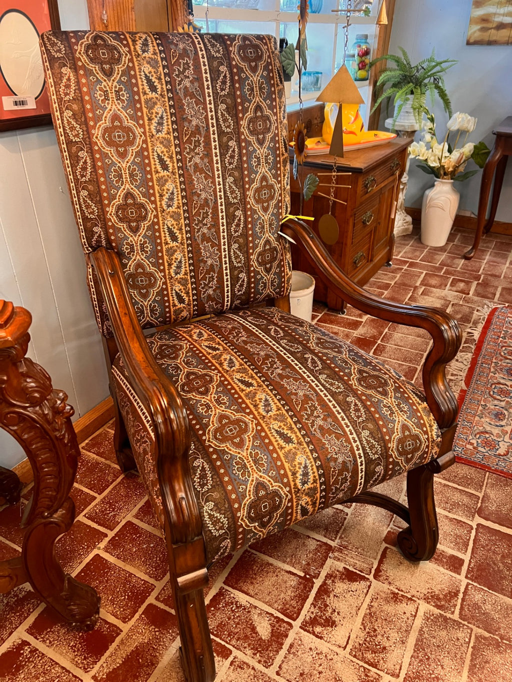 Ralph Lauren for Henredon Armchair – Carved Wood Frame, Southwestern Textile Upholstery