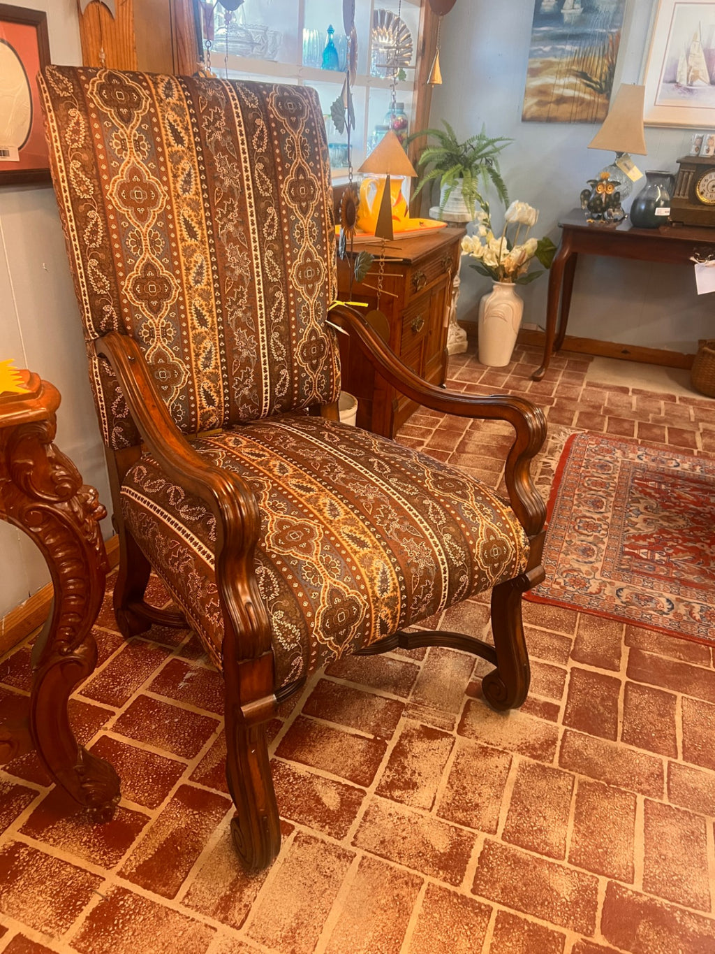 Ralph Lauren for Henredon Armchair – Carved Wood Frame, Southwestern Textile Upholstery
