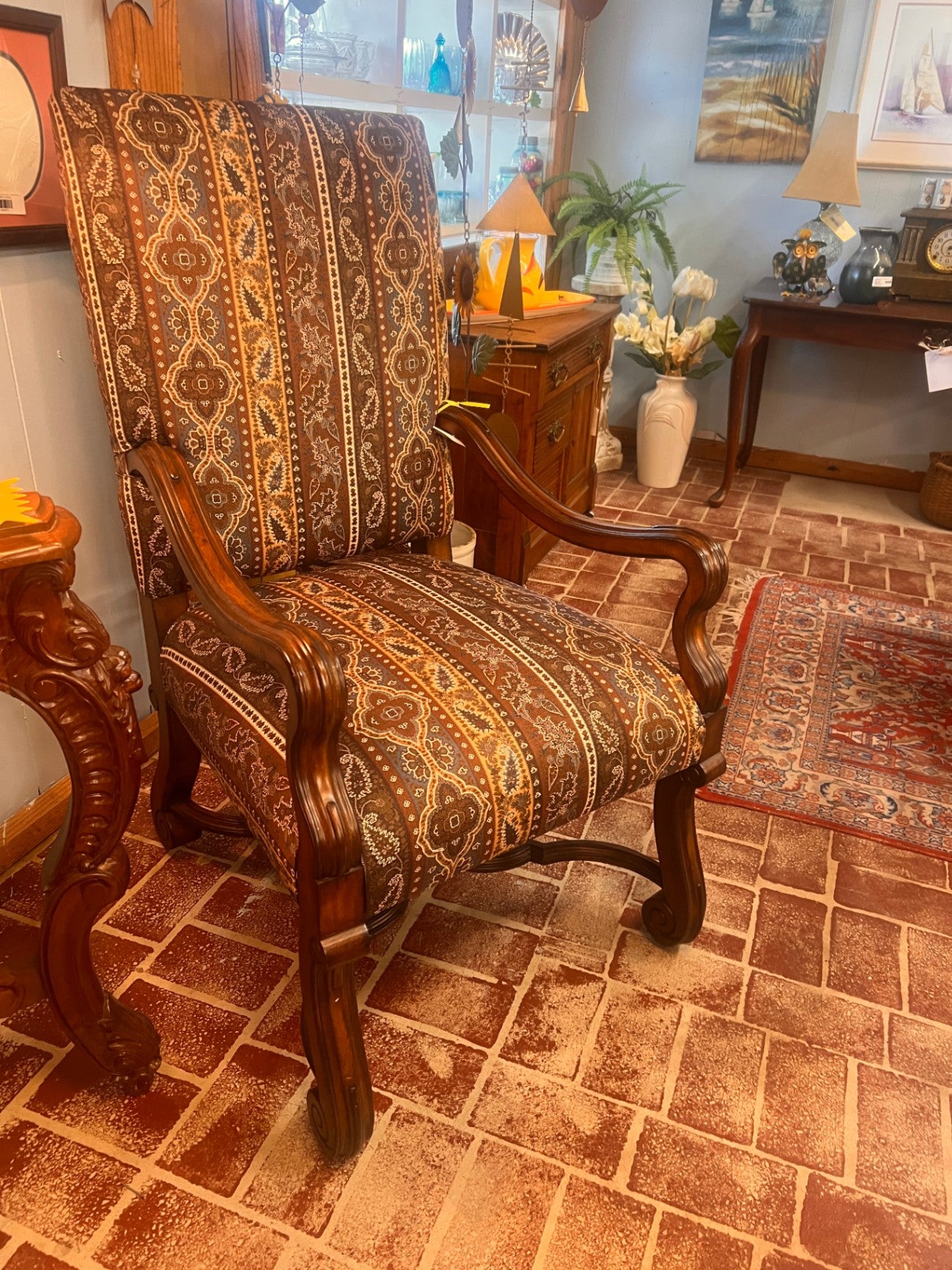 Ralph Lauren for Henredon Armchair – Carved Wood Frame, Southwestern Textile Upholstery