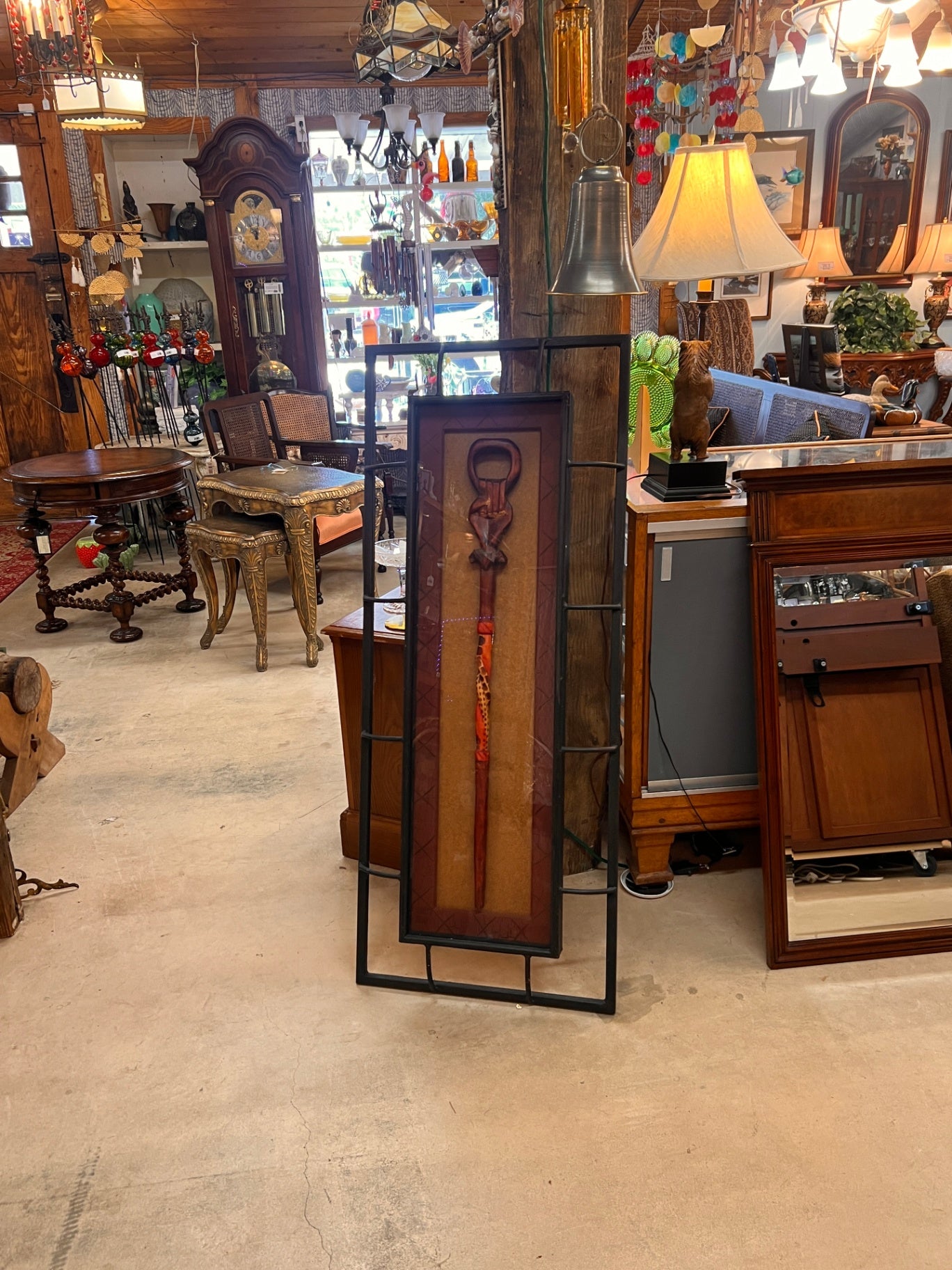 John-Richard Shadowbox Wall Art – African-Inspired Carved Staff in Iron Frame