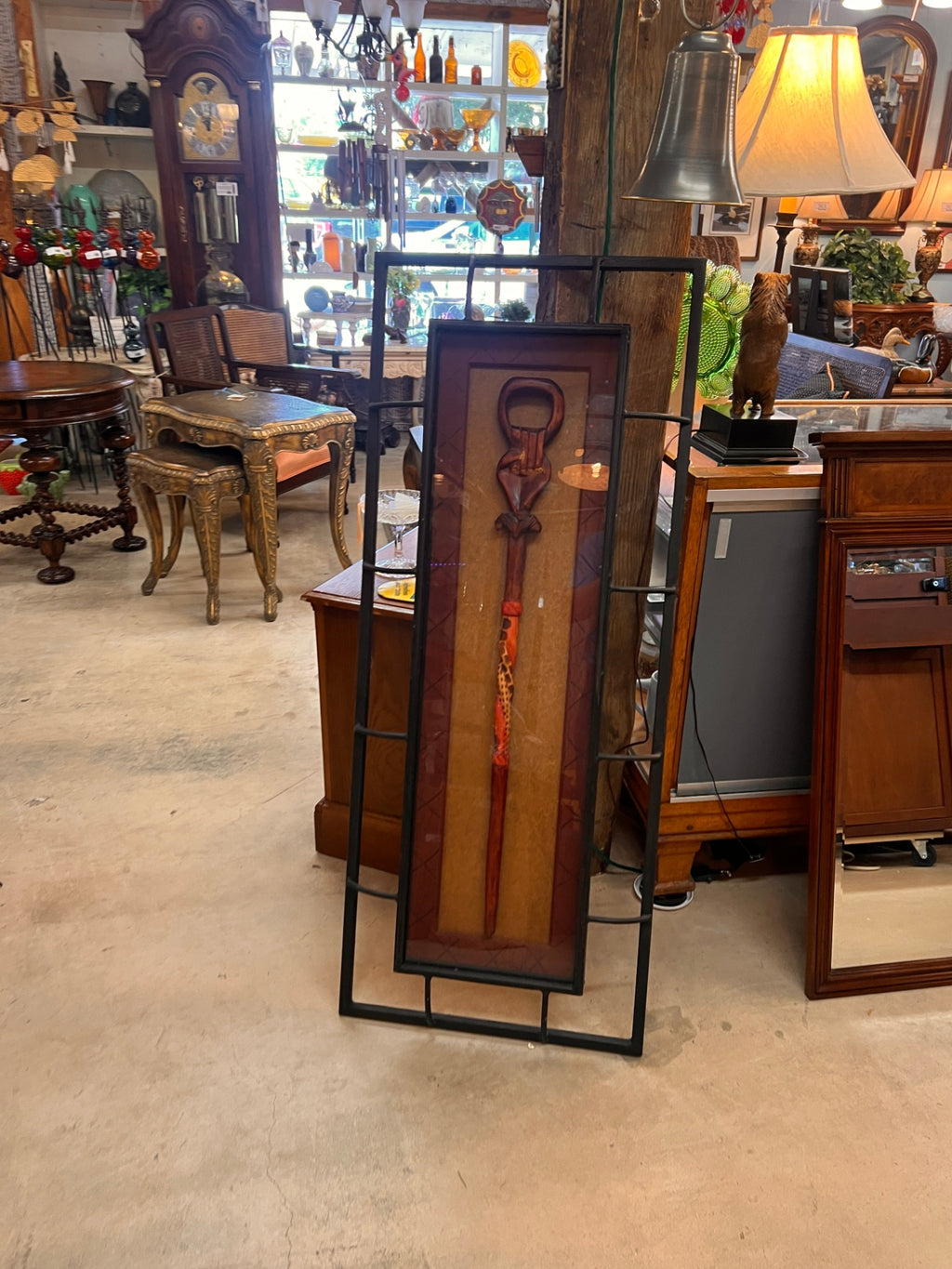 John-Richard Shadowbox Wall Art – African-Inspired Carved Staff in Iron Frame