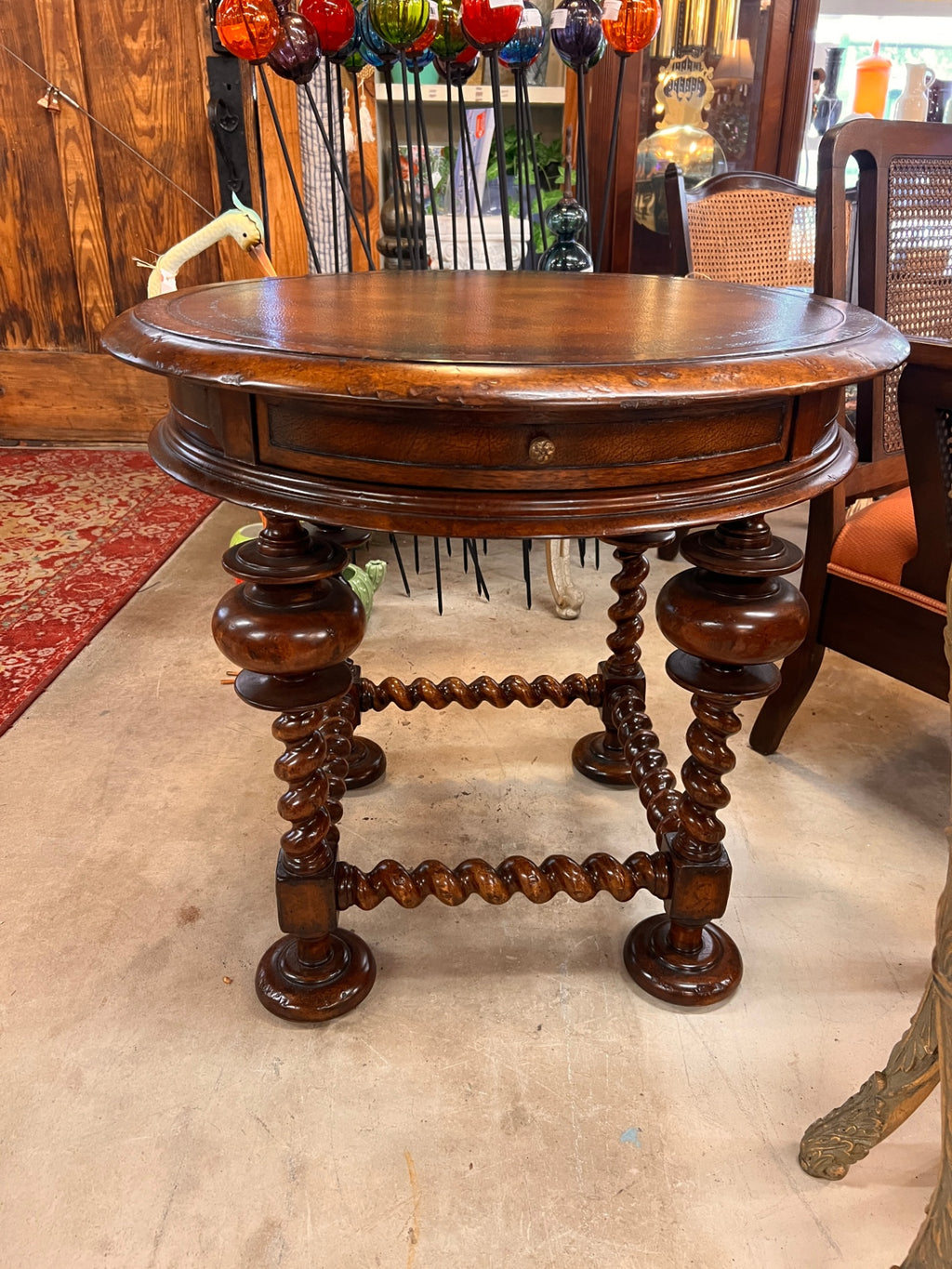 John-Richard European Crossroads Round Side Table – Leather Top, Barley Twist Legs
