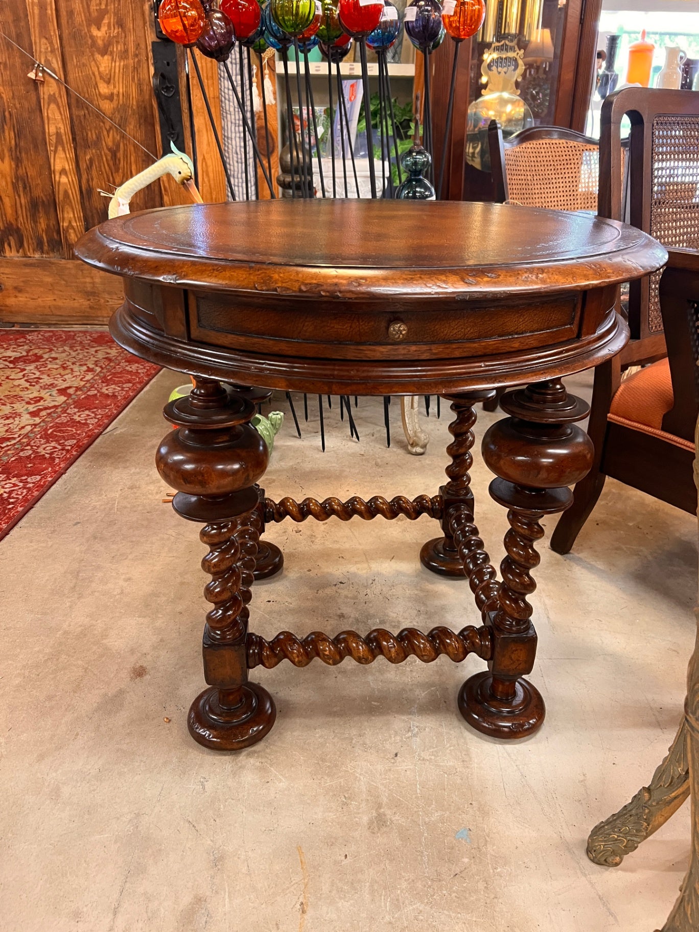 John-Richard European Crossroads Round Side Table – Leather Top, Barley Twist Legs
