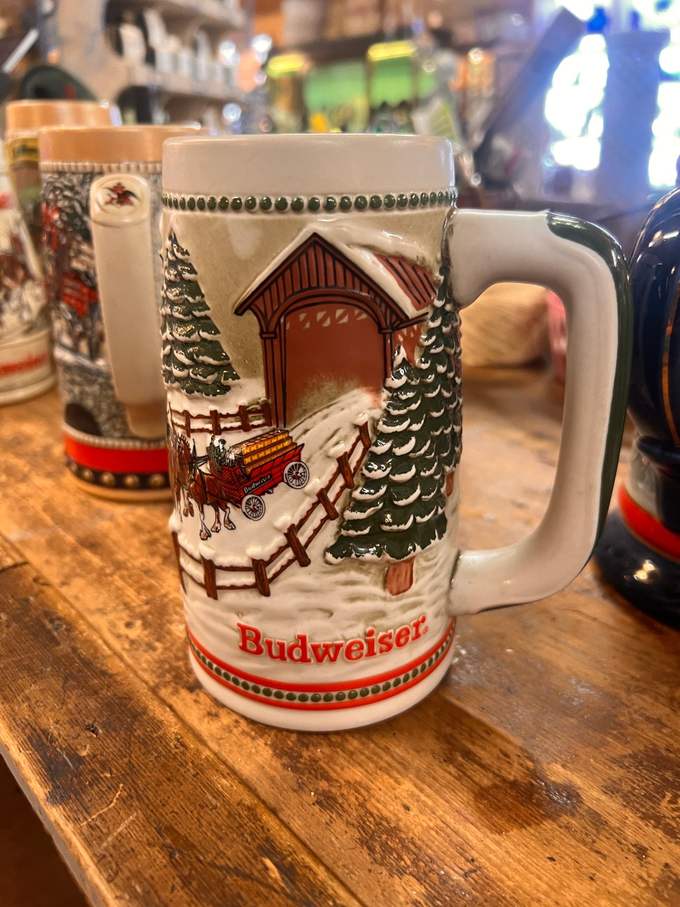 Budweiser Holiday Stein (Likely 1993 “Snow Covered Bridge”)