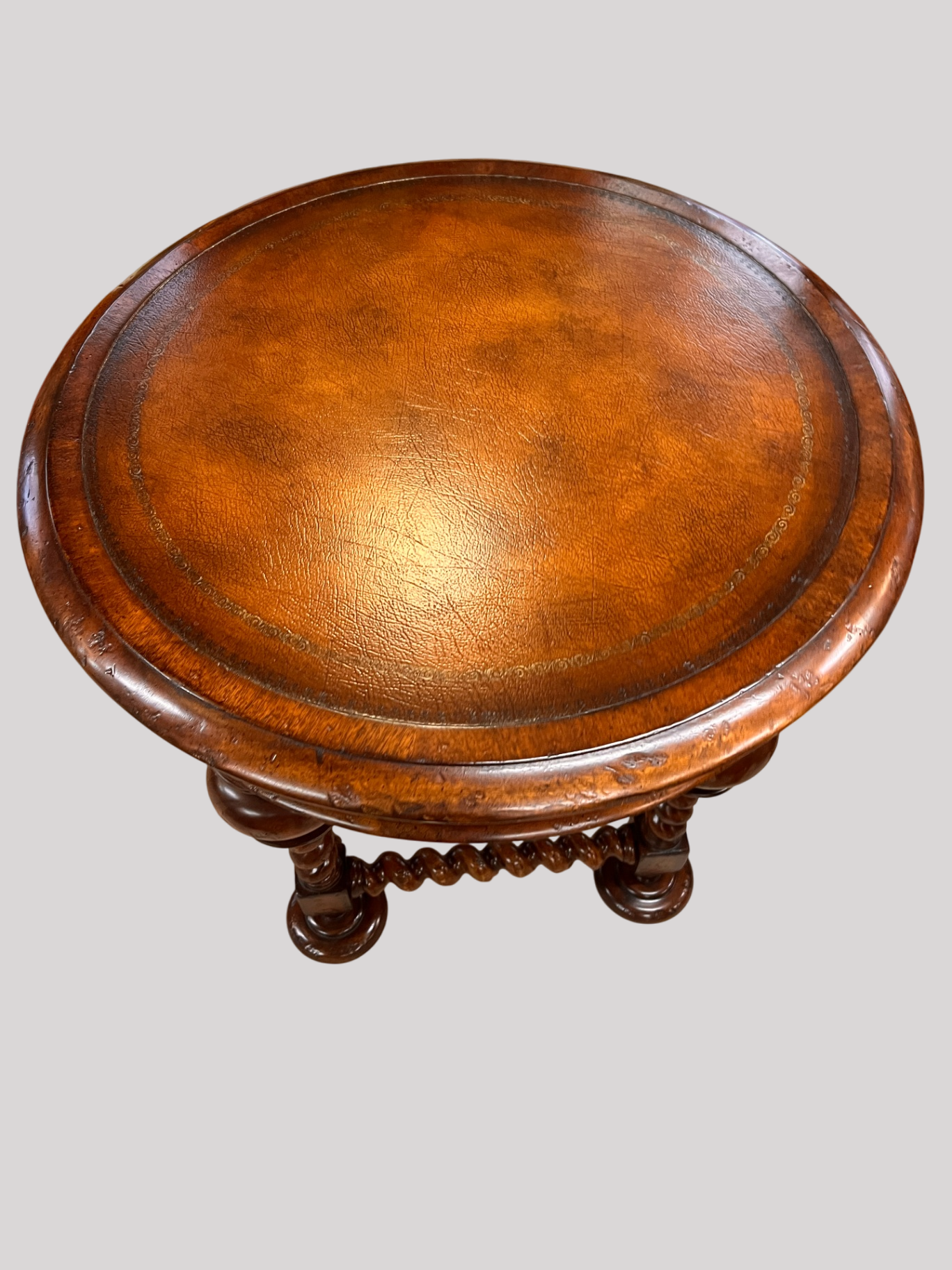John-Richard European Crossroads Round Side Table – Leather Top, Barley Twist Legs