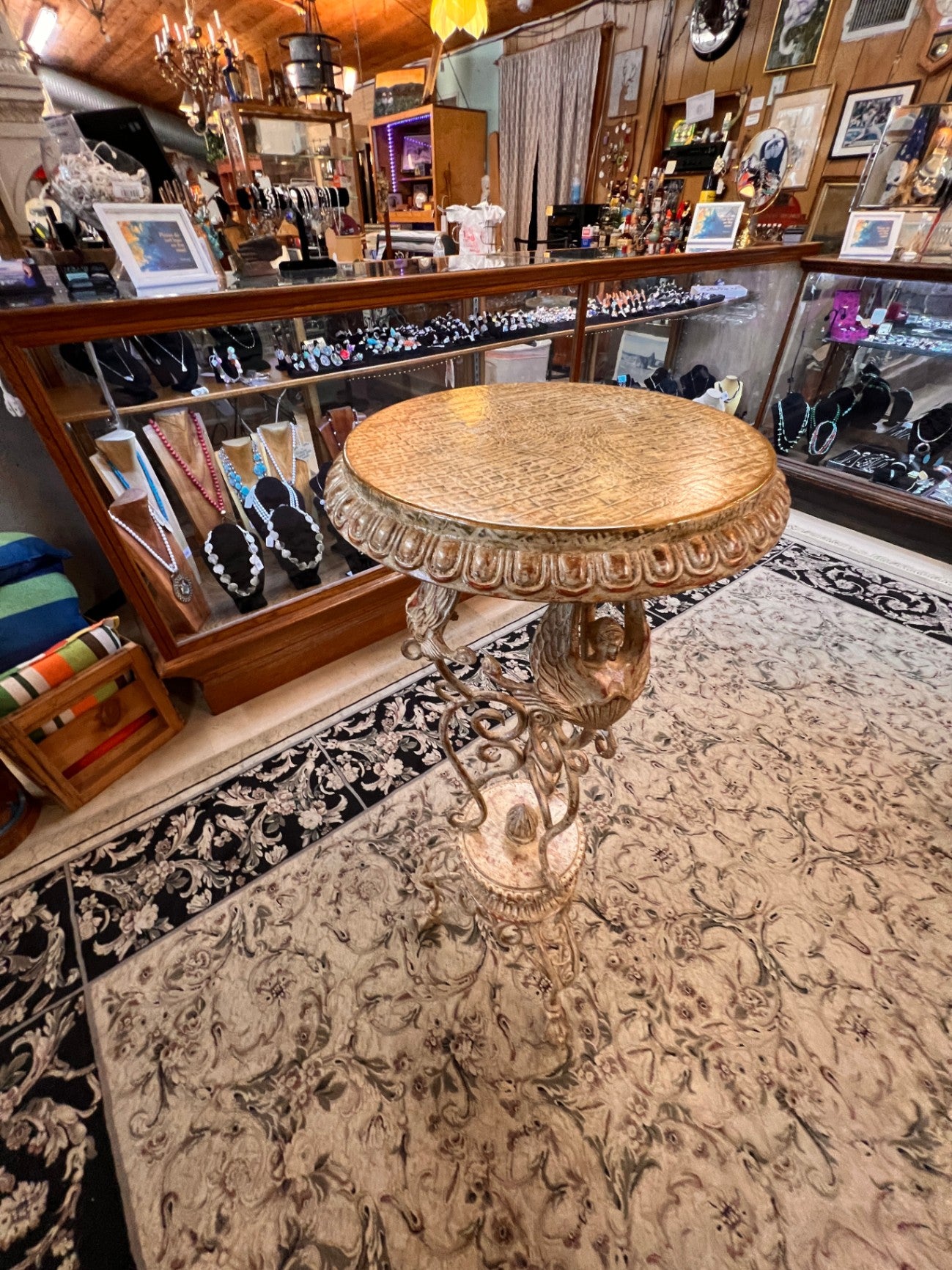 New Figural Caryatid Pedestal Side Table – Faux Crocodile Top, Hollywood Regency / Neoclassical