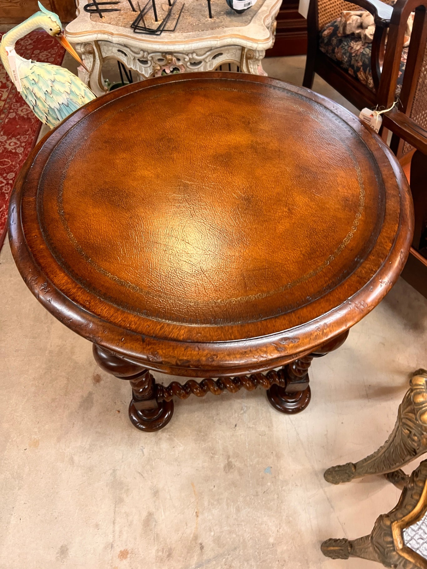 John-Richard European Crossroads Round Side Table – Leather Top, Barley Twist Legs