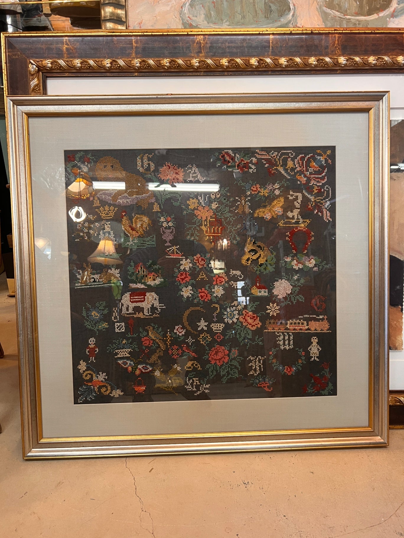 Large Framed Needlepoint Sampler – Multi-Motif Folk & Decorative Art – Armand Lee Frame