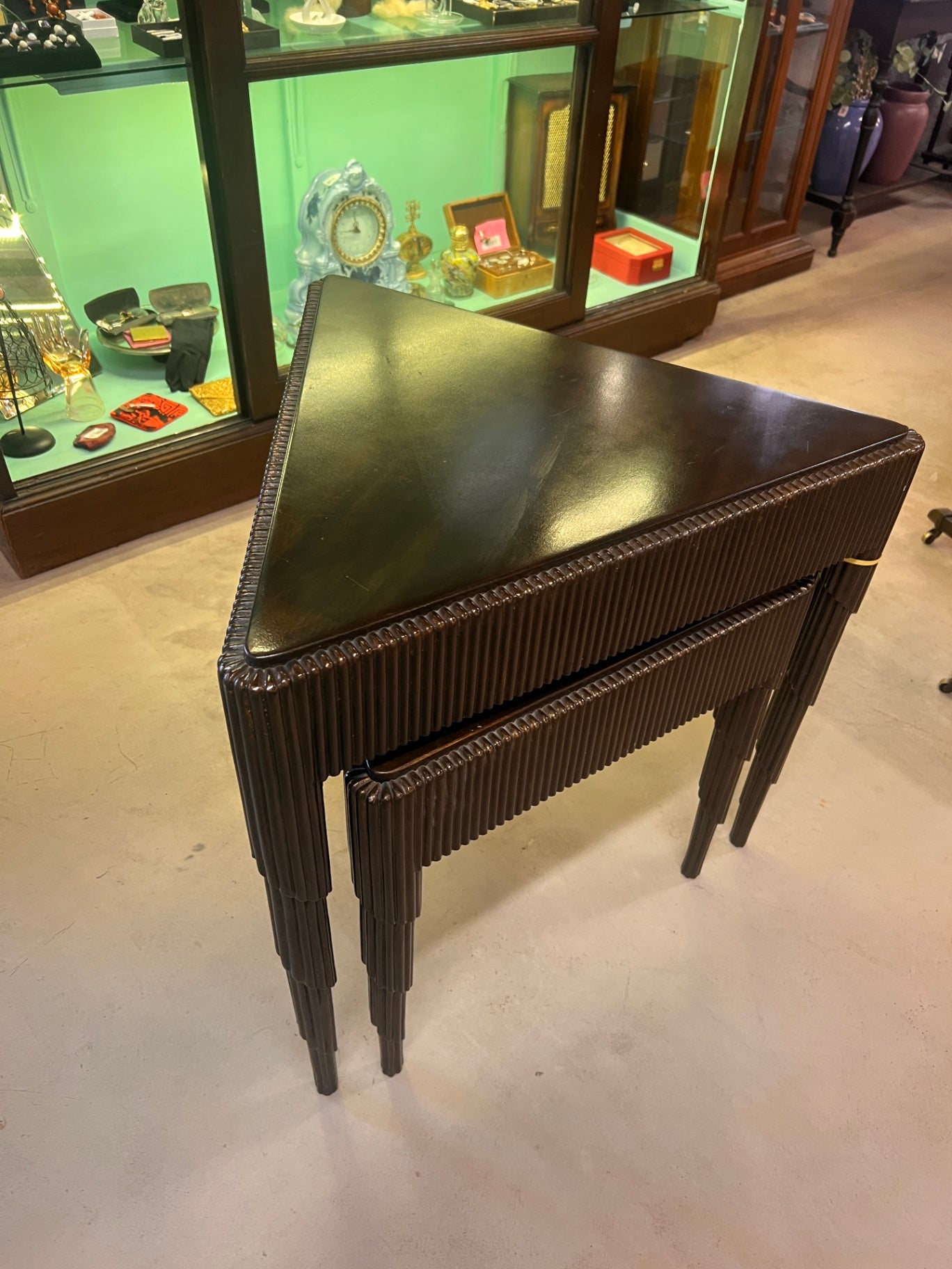 Pair of Triangular Nesting Tables with Ribbed Frame